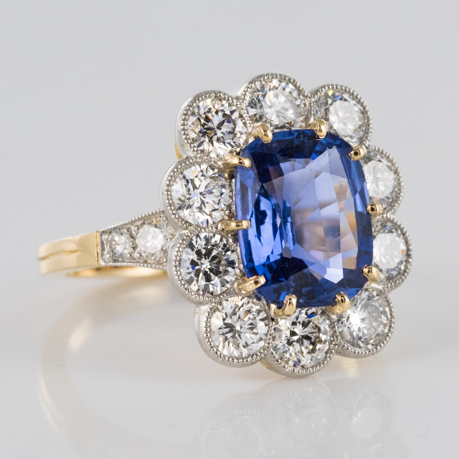 French 3.53 Carat Blue Sapphire Diamonds Pompadour Engagement Ring 2
