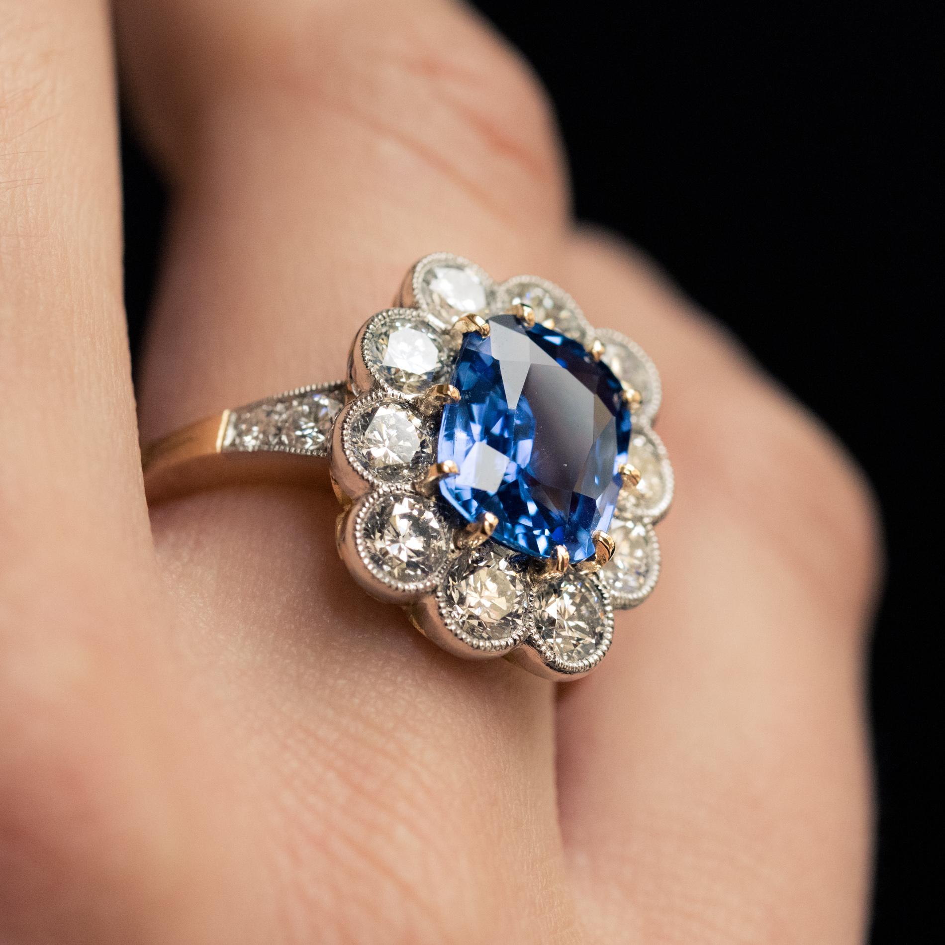 French 3.53 Carat Blue Sapphire Diamonds Pompadour Engagement Ring 3