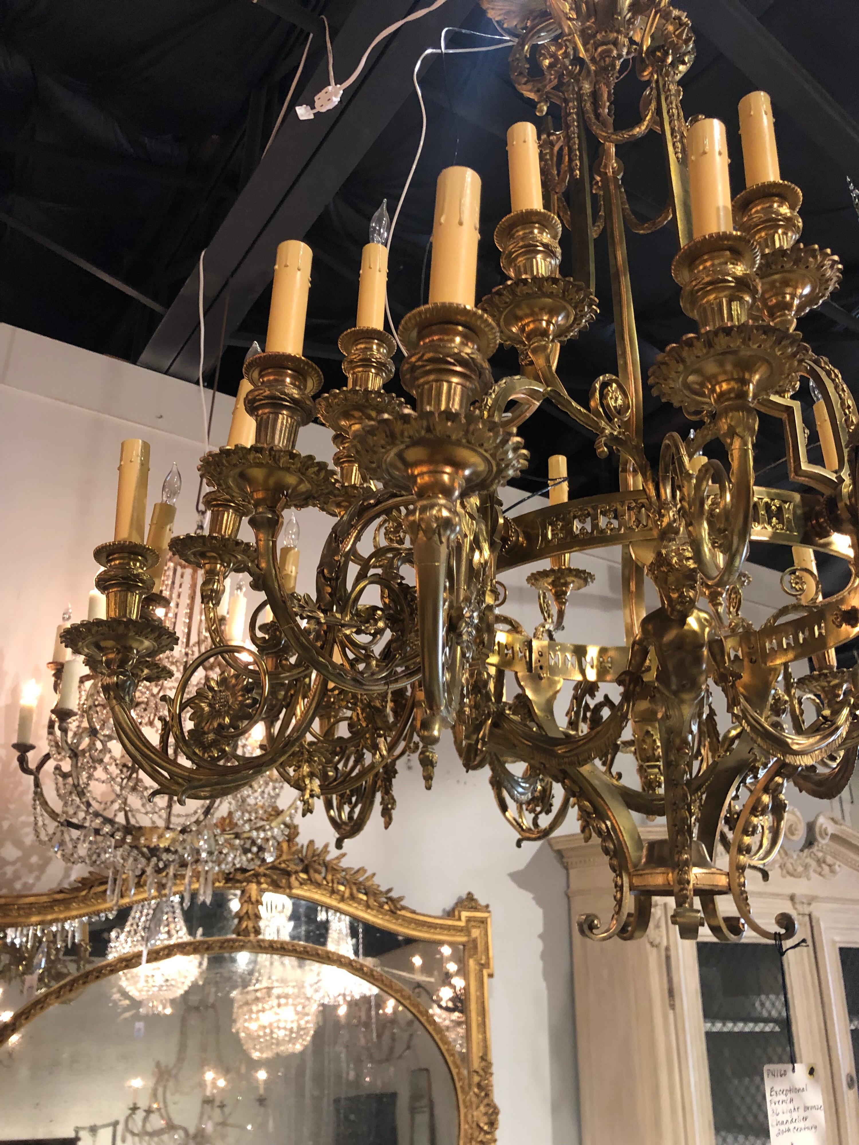 French 36-Light Bronze Chandelier In Excellent Condition In Dallas, TX