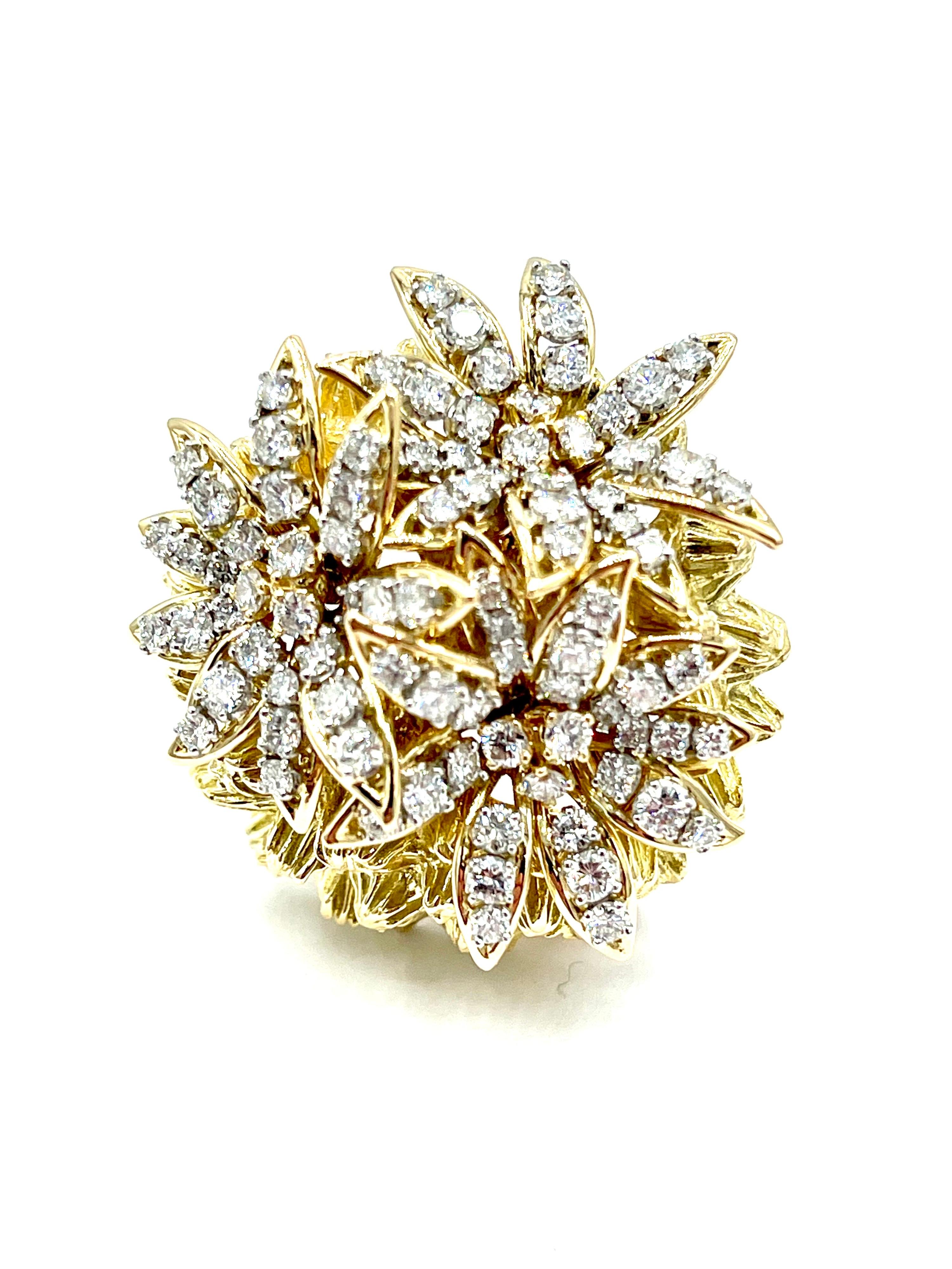 Retro French 3.60 Carat Round Brilliant Diamond Domed 18k Floral Brooch For Sale