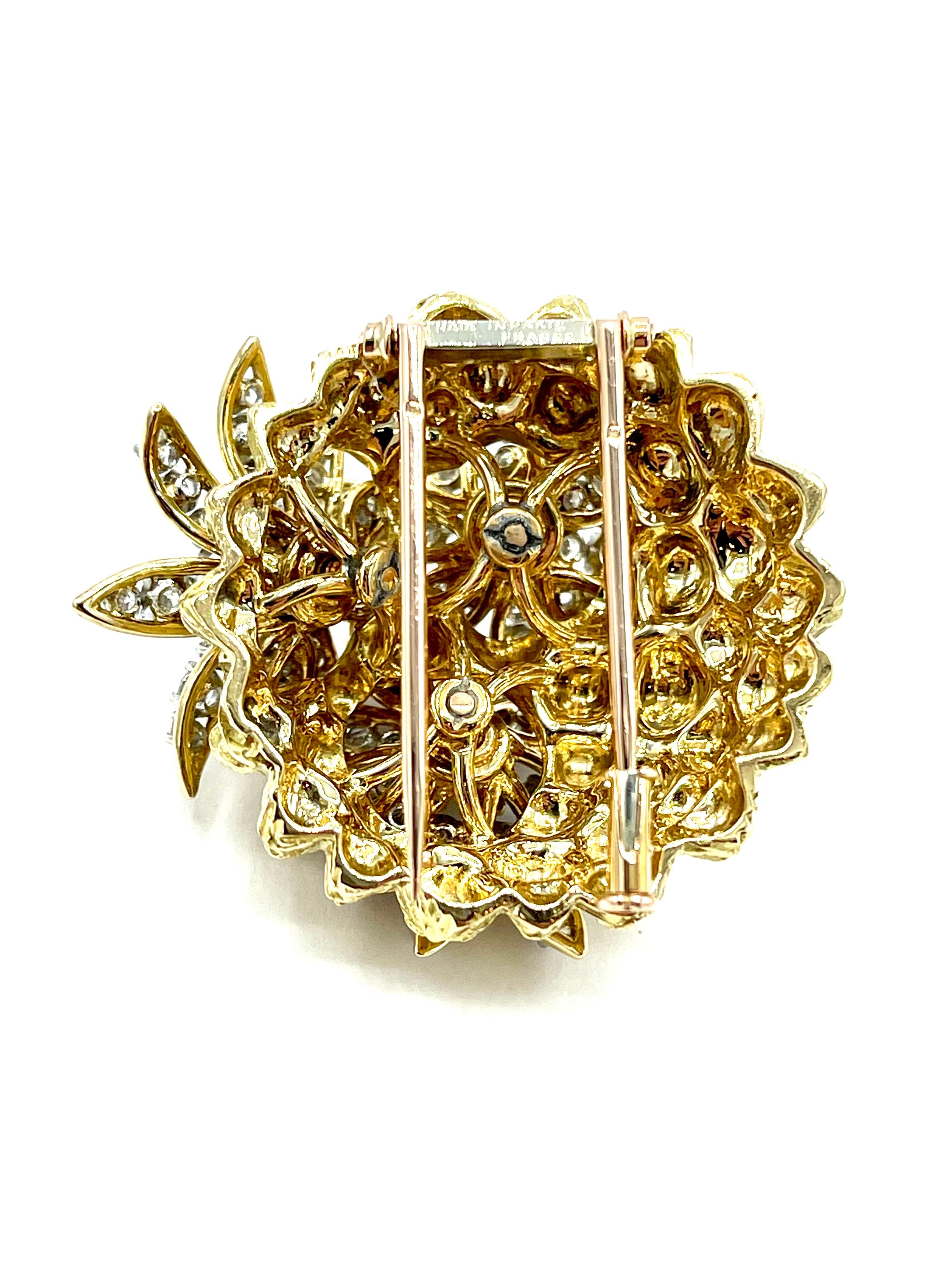 French 3.60 Carat Round Brilliant Diamond Domed 18k Floral Brooch In Excellent Condition For Sale In Chevy Chase, MD