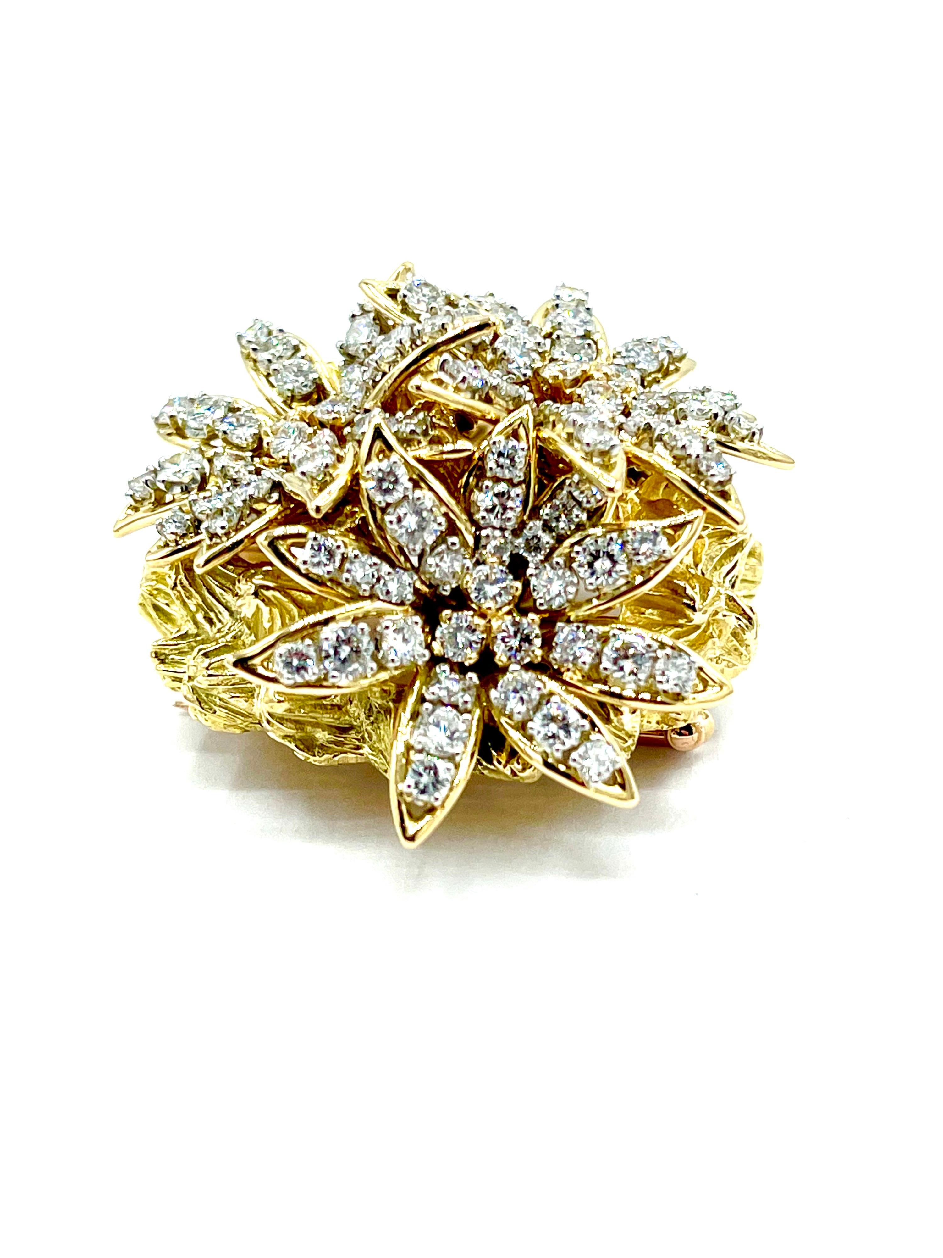 Women's or Men's French 3.60 Carat Round Brilliant Diamond Domed 18k Floral Brooch For Sale