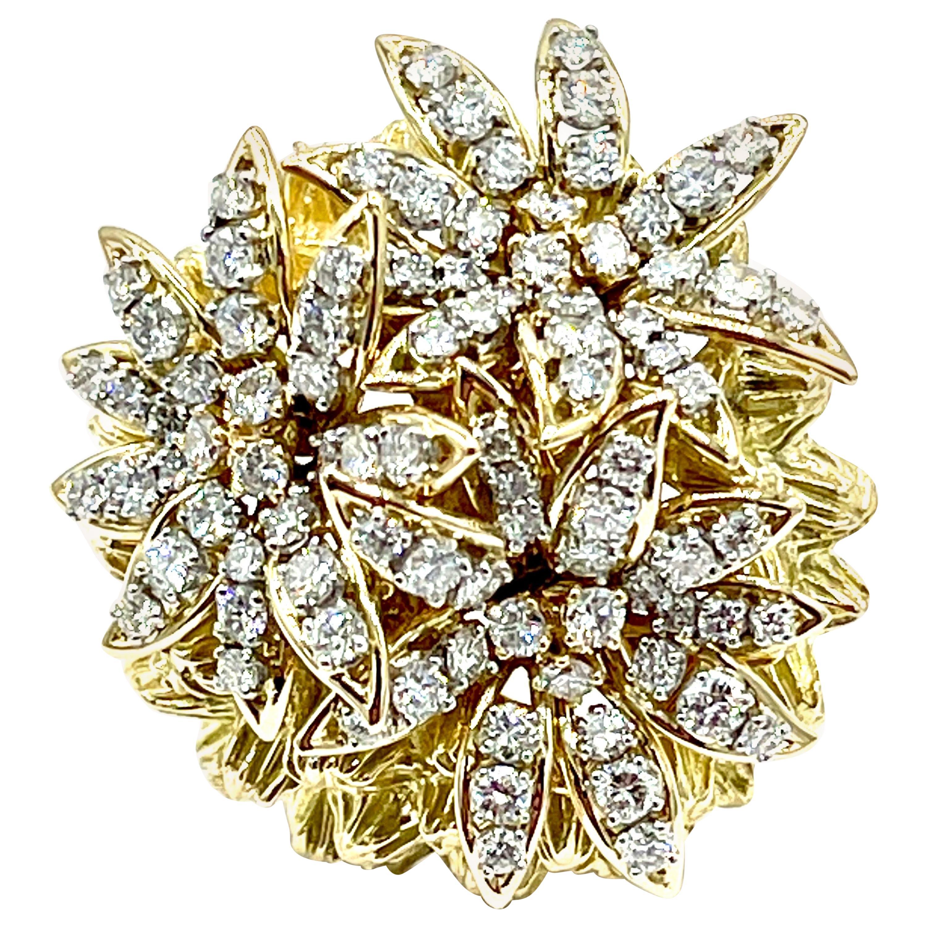 French 3.60 Carat Round Brilliant Diamond Domed 18k Floral Brooch For Sale