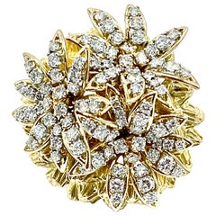 French 3.60 Carat Round Brilliant Diamond Domed 18k Floral Brooch