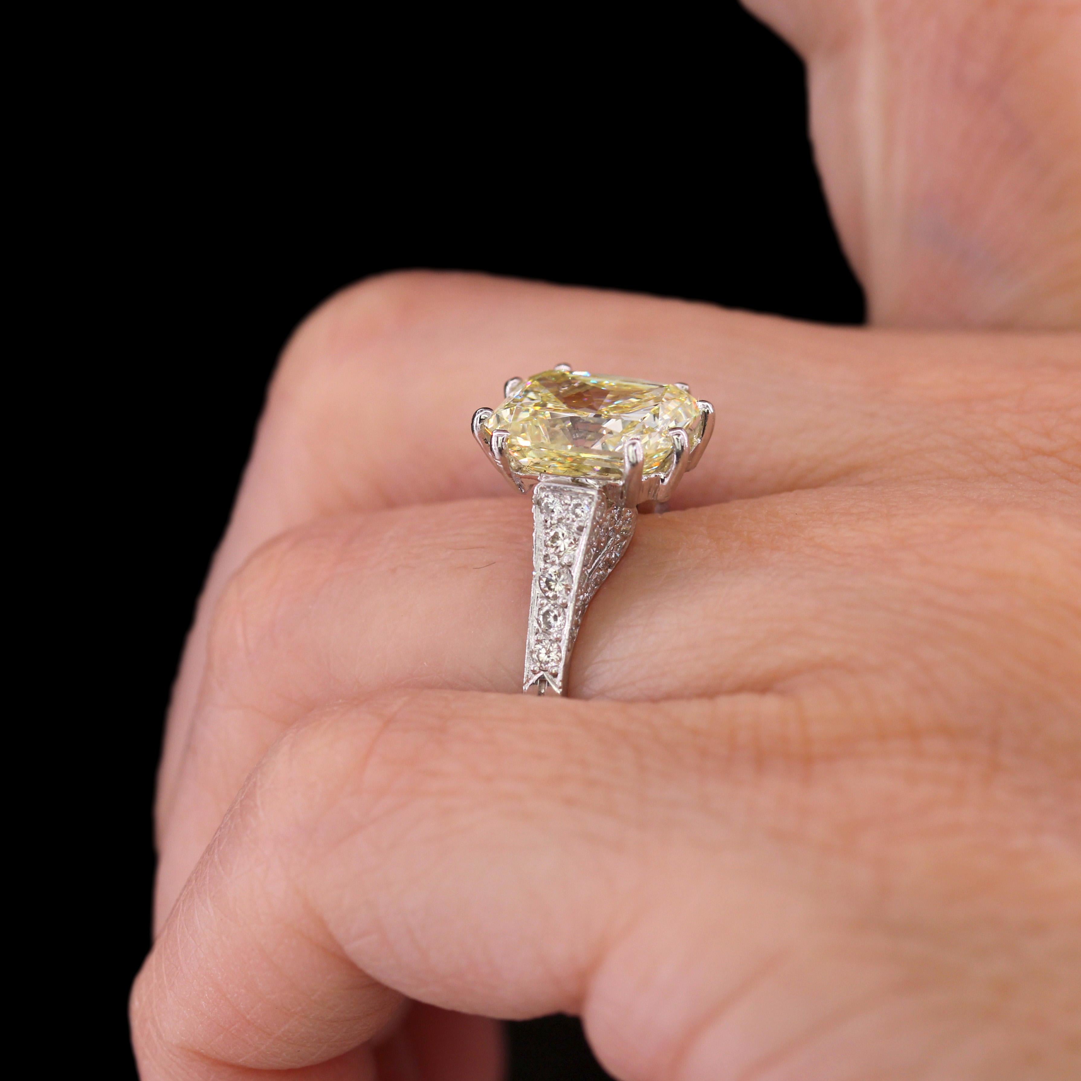 French 3.65 Carat Fancy Yellow Emerald Cut Diamond Platinum Ring For Sale 3