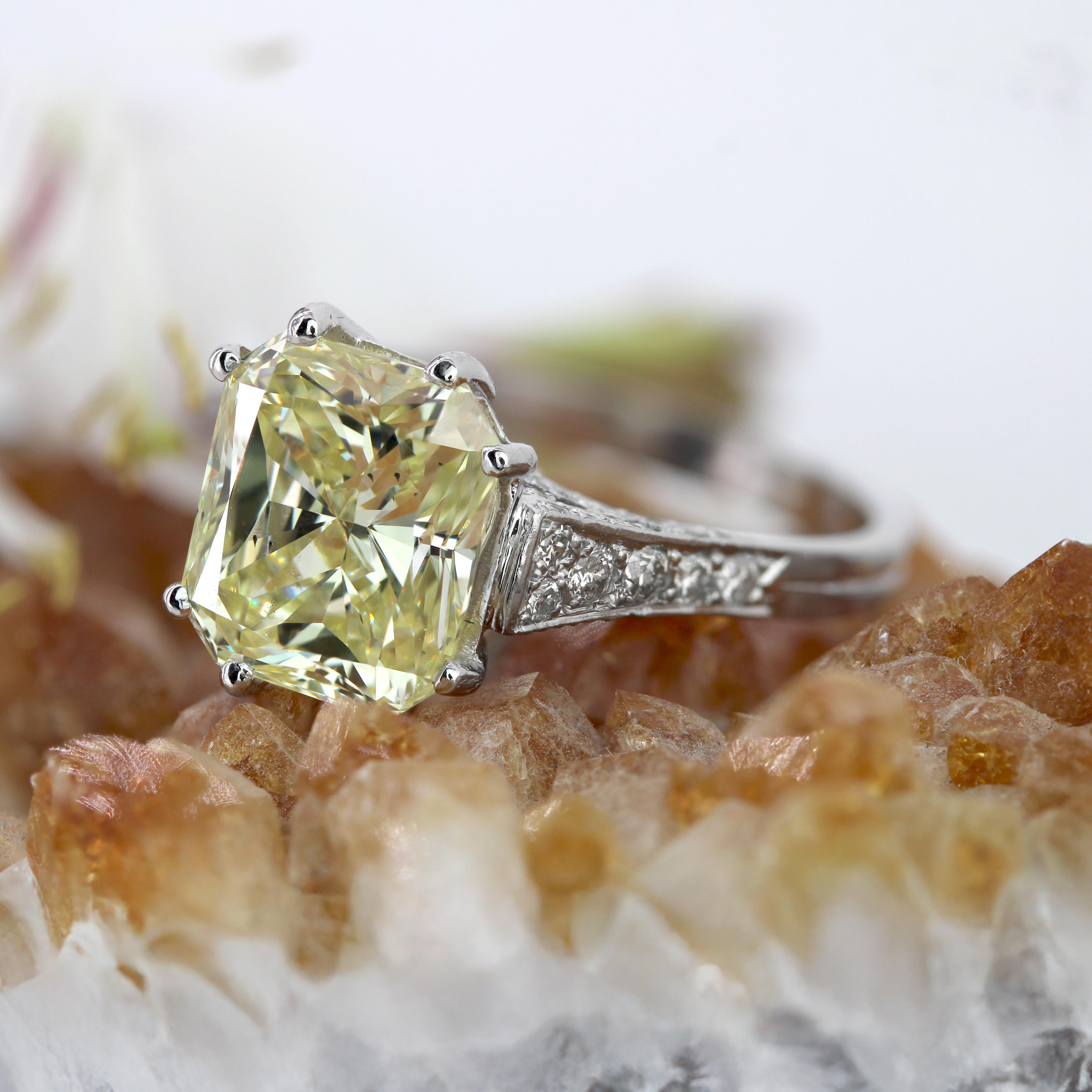 French 3.65 Carat Fancy Yellow Emerald Cut Diamond Platinum Ring For Sale 4