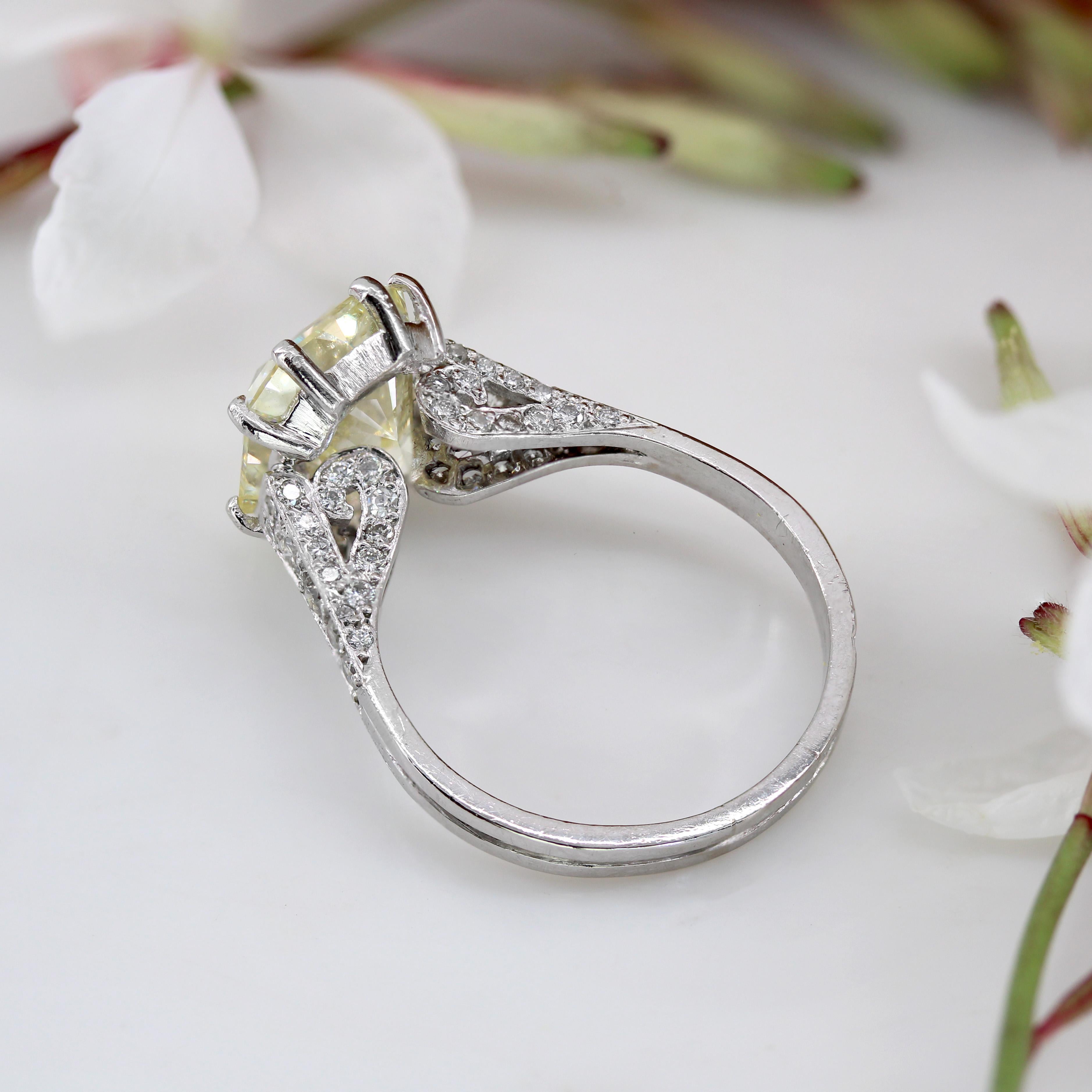 French 3.65 Carat Fancy Yellow Emerald Cut Diamond Platinum Ring For Sale 8
