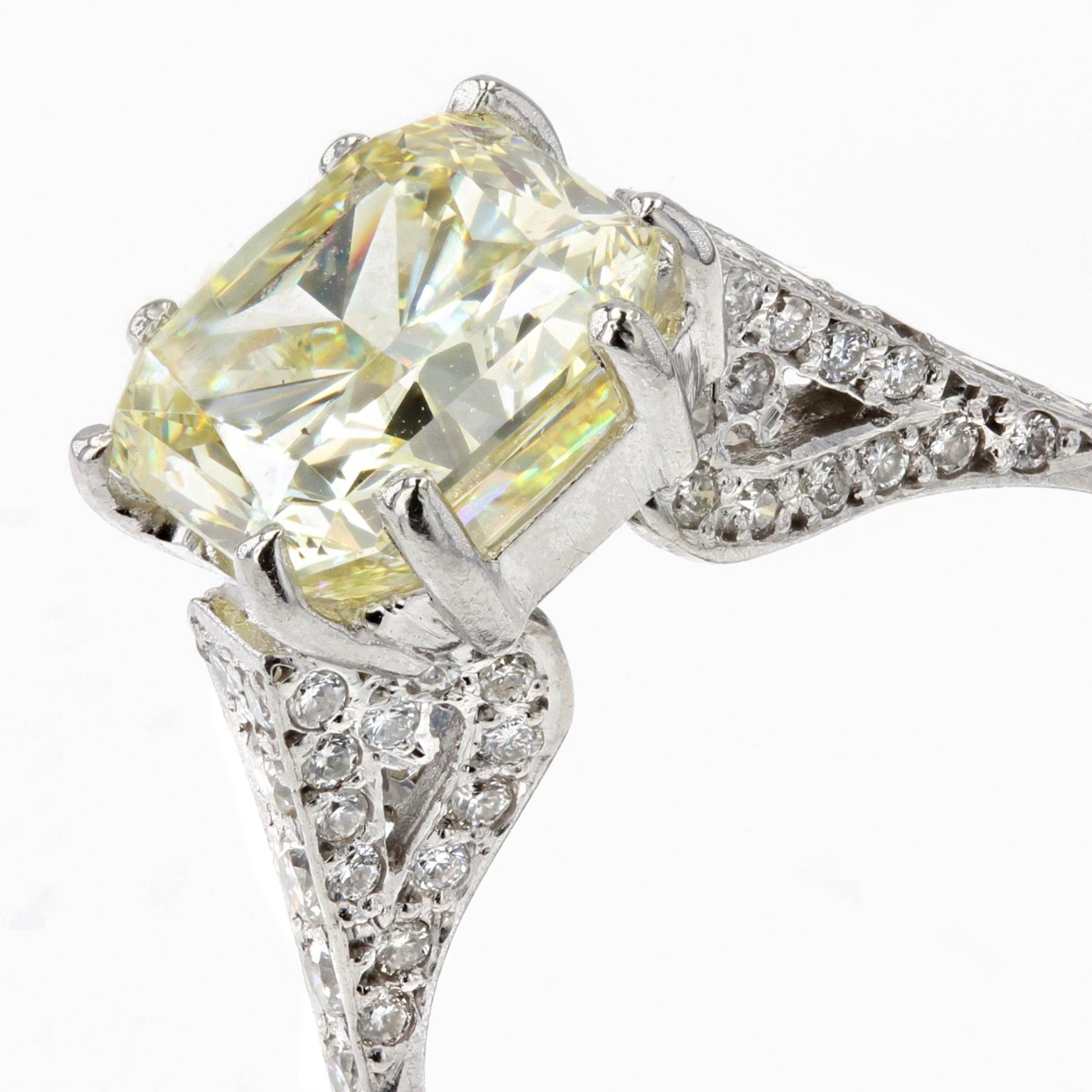 Women's French 3.65 Carat Fancy Yellow Emerald Cut Diamond Platinum Ring For Sale