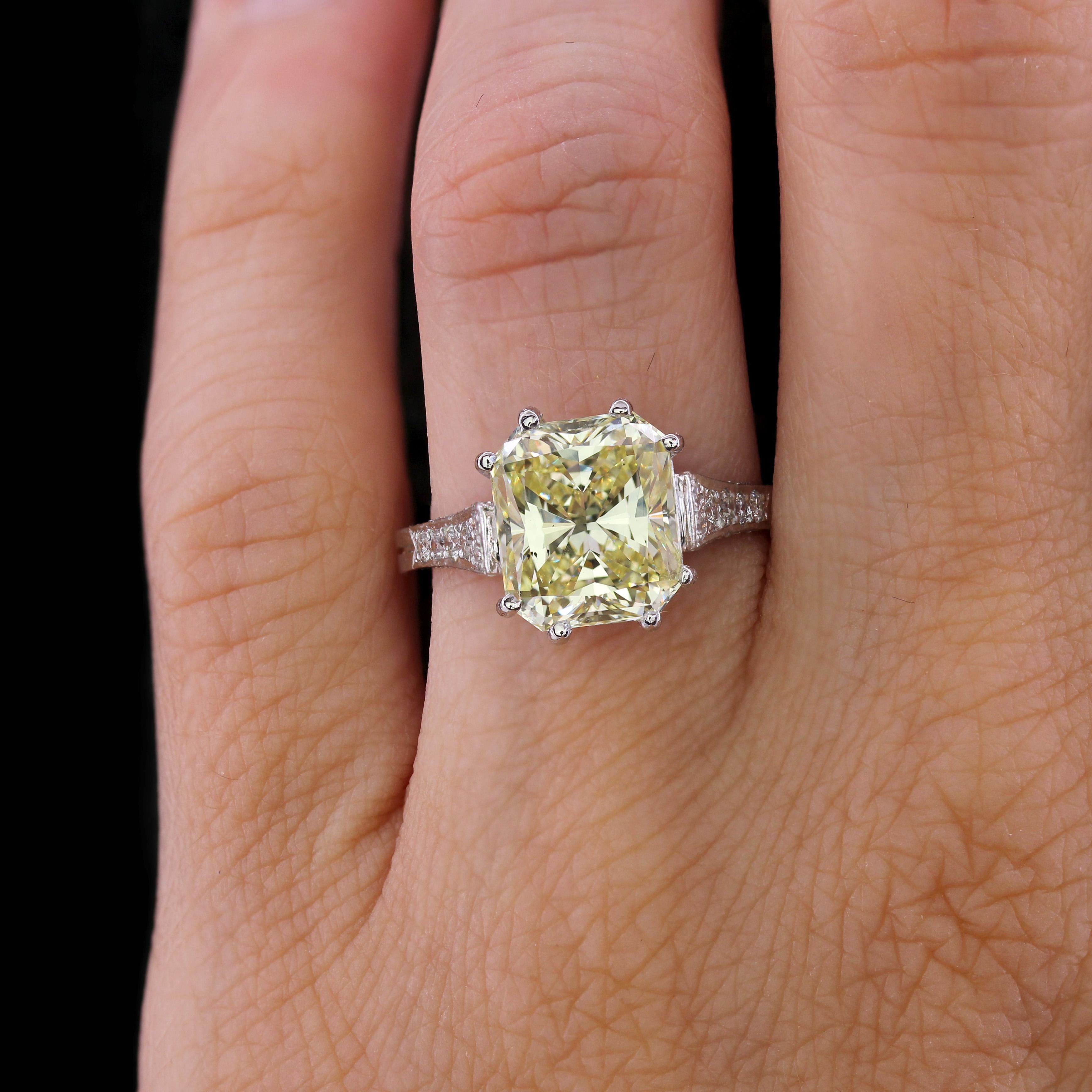 Women's French 3.65 Carat Fancy Yellow Emerald Cut Diamond Platinum Ring For Sale