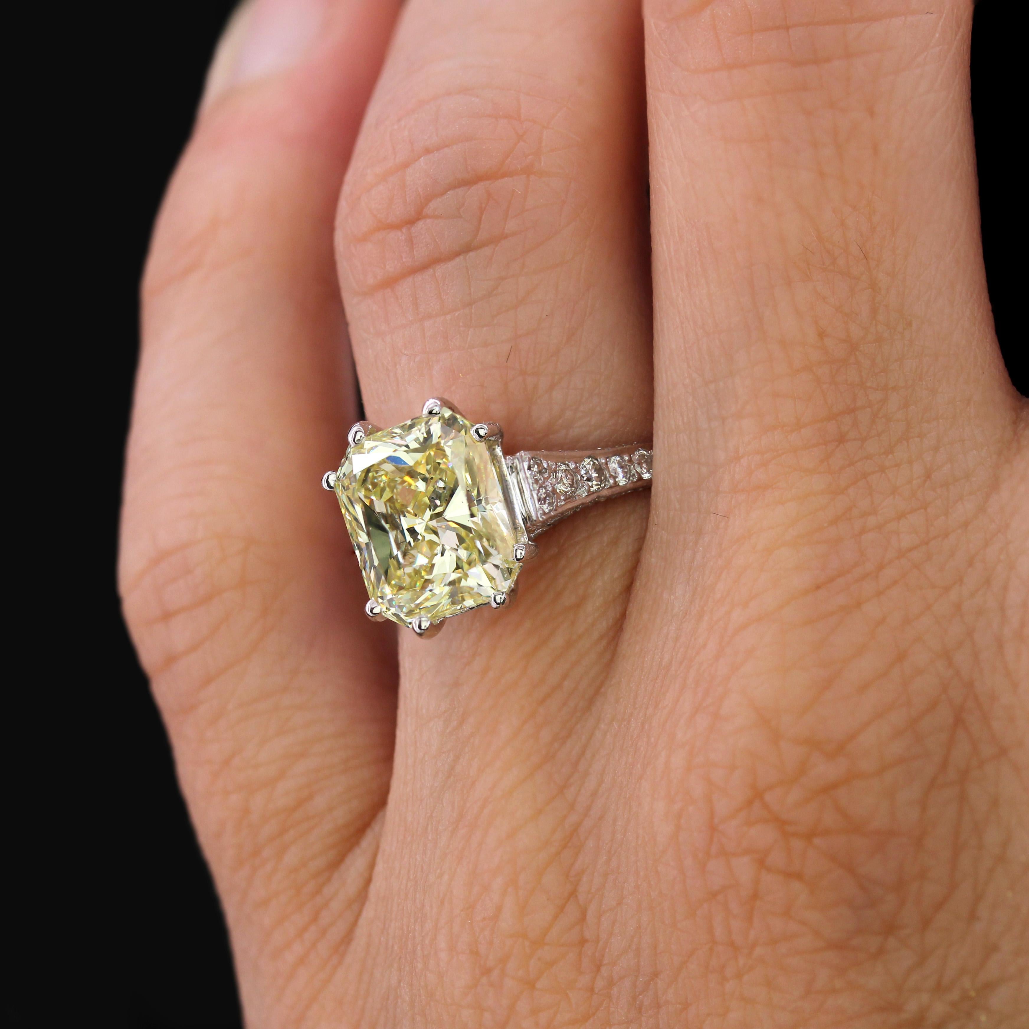French 3.65 Carat Fancy Yellow Emerald Cut Diamond Platinum Ring For Sale 2