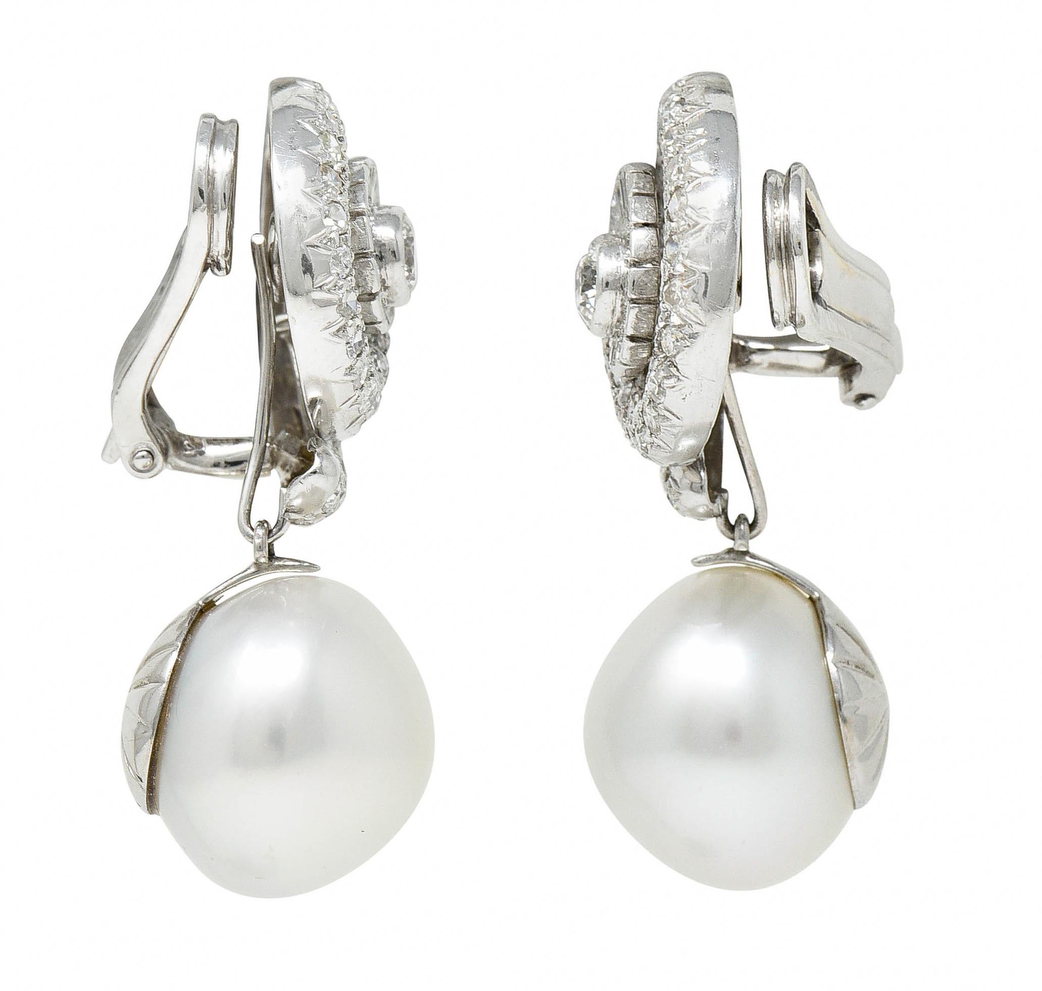 Retro French 3.95 Carats Diamond Pearl Platinum Day-Night Spiral Drop Earrings
