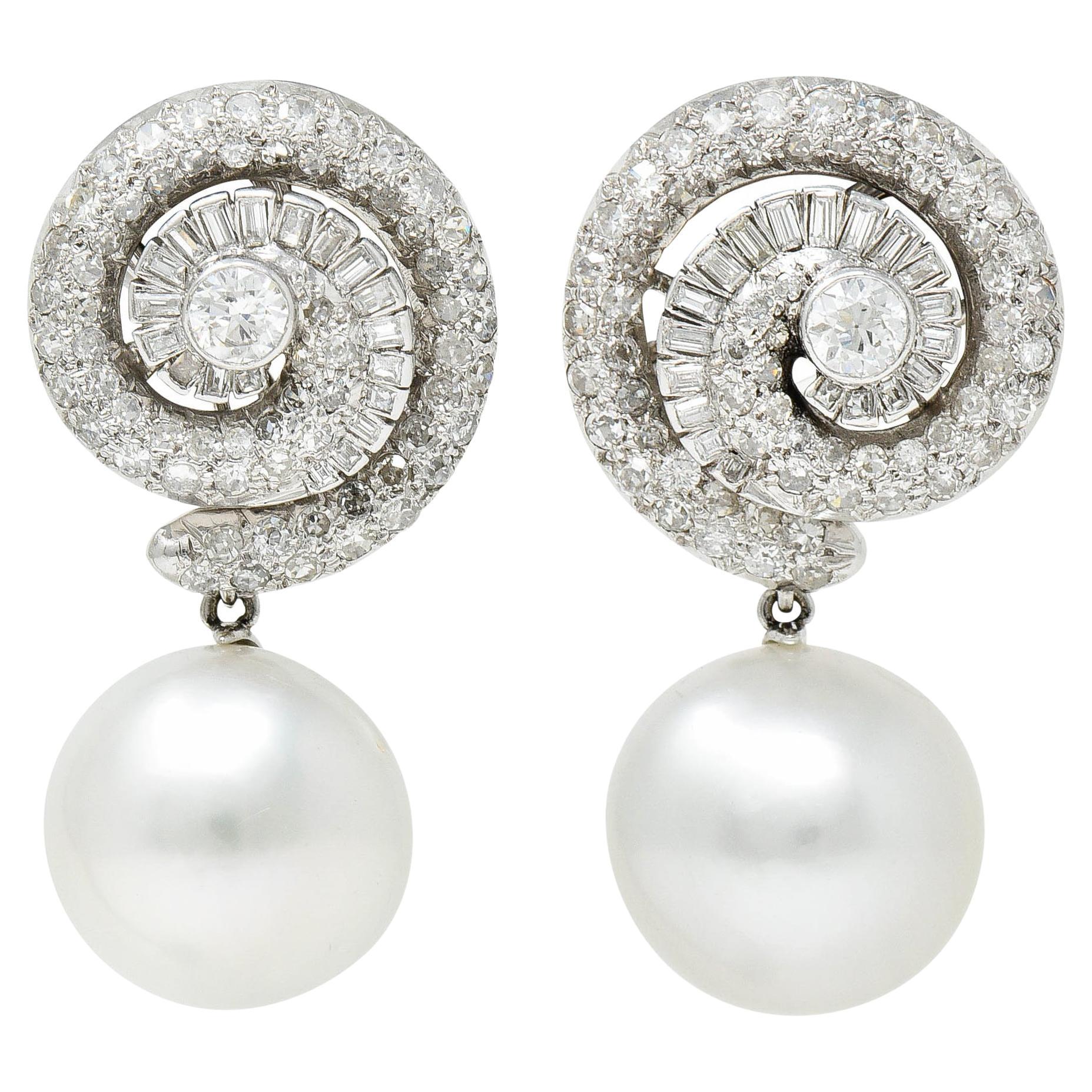 French 3.95 Carats Diamond Pearl Platinum Day-Night Spiral Drop Earrings