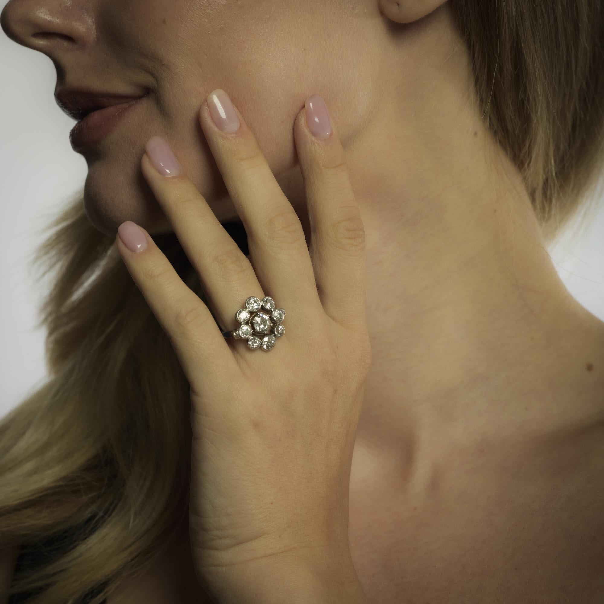 Old European Cut French 4 carat total weight diamond 18k white gold cluster ring For Sale