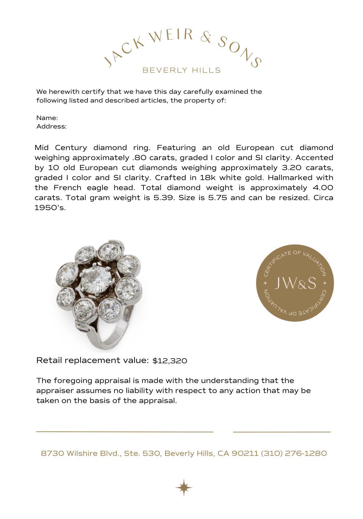 French 4 carat total weight diamond 18k white gold cluster ring For Sale 2