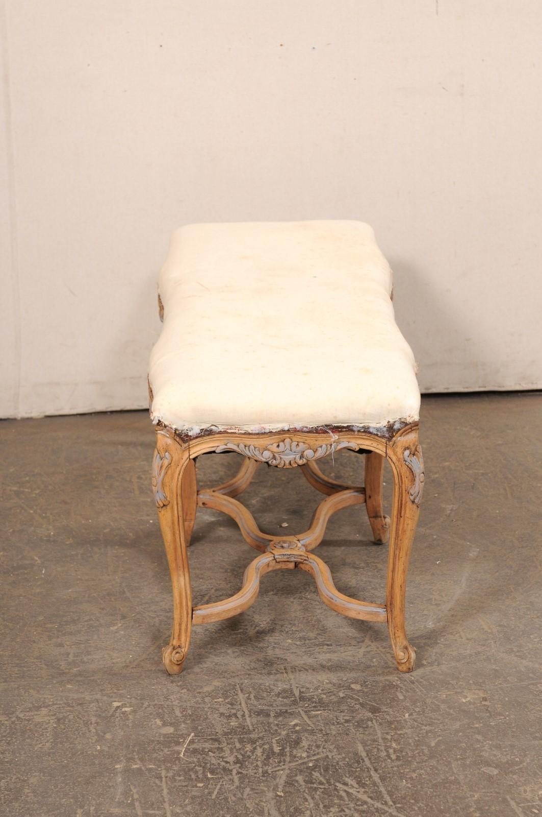 French 4 Ft Long Wood Bench w/Upholstered Seat, All Sides Nicely Carved For Sale 6