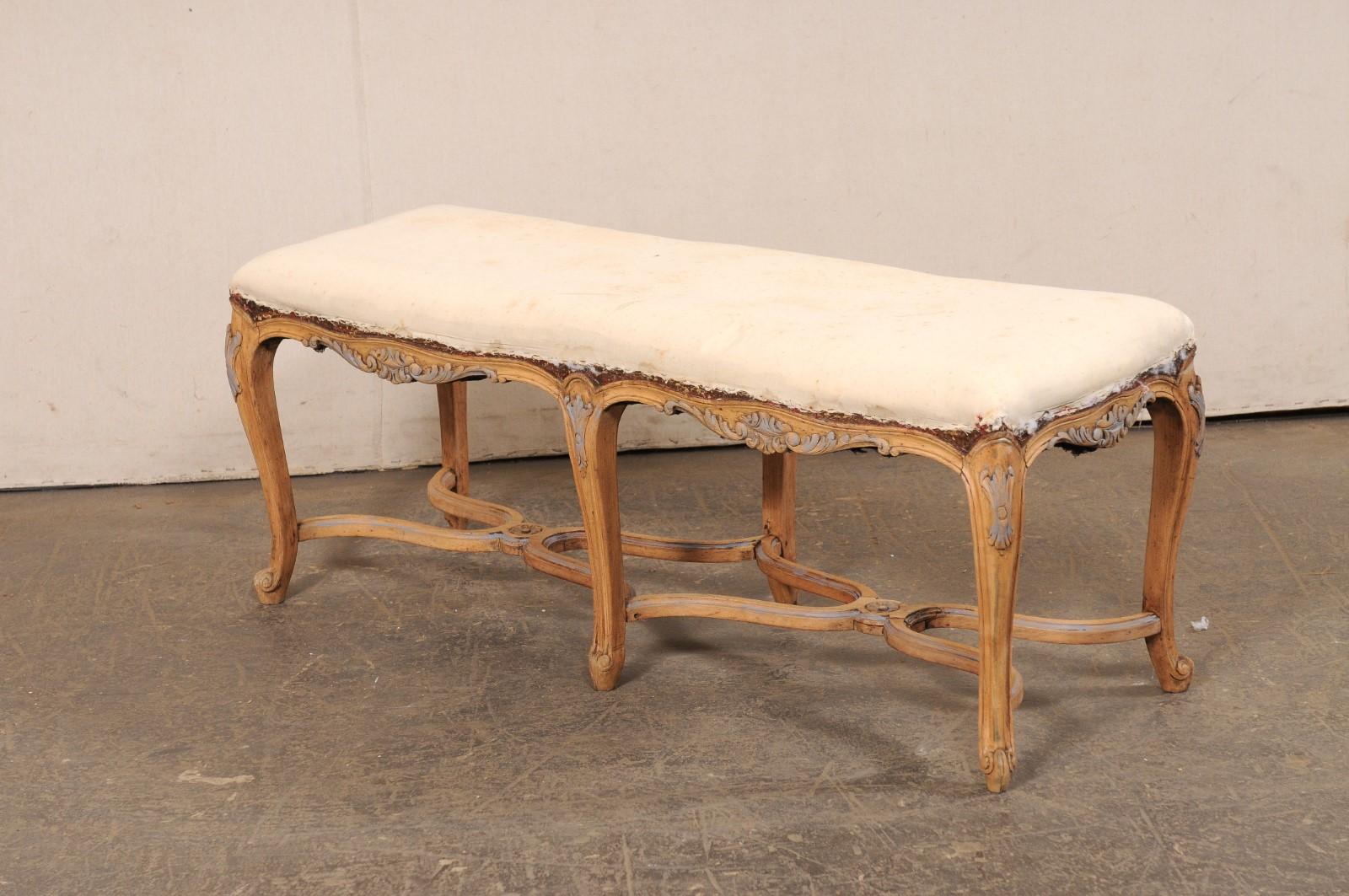French 4 Ft Long Wood Bench w/Upholstered Seat, All Sides Nicely Carved For Sale 7
