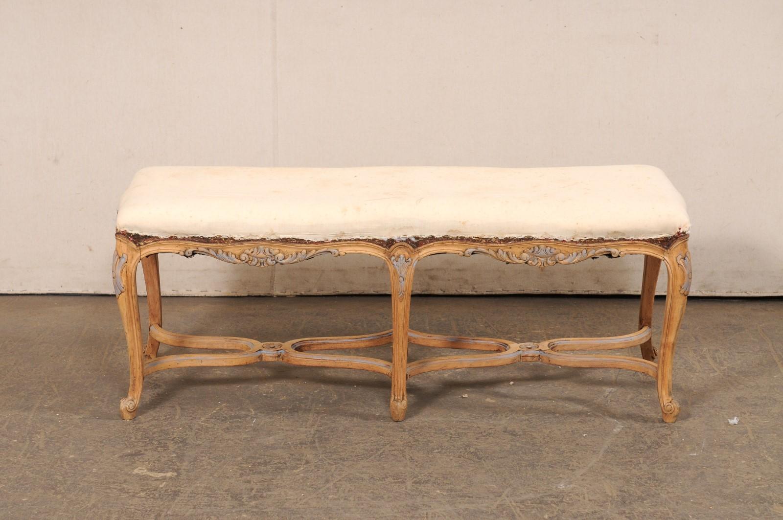 French 4 Ft Long Wood Bench w/Upholstered Seat, All Sides Nicely Carved For Sale 8