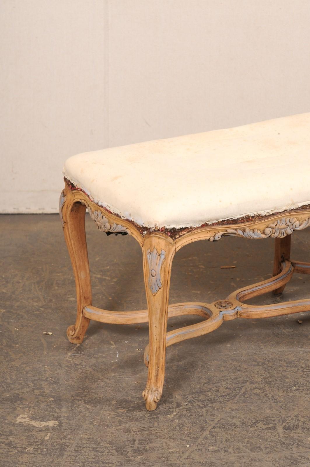 French 4 Ft Long Wood Bench w/Upholstered Seat, All Sides Nicely Carved In Good Condition For Sale In Atlanta, GA