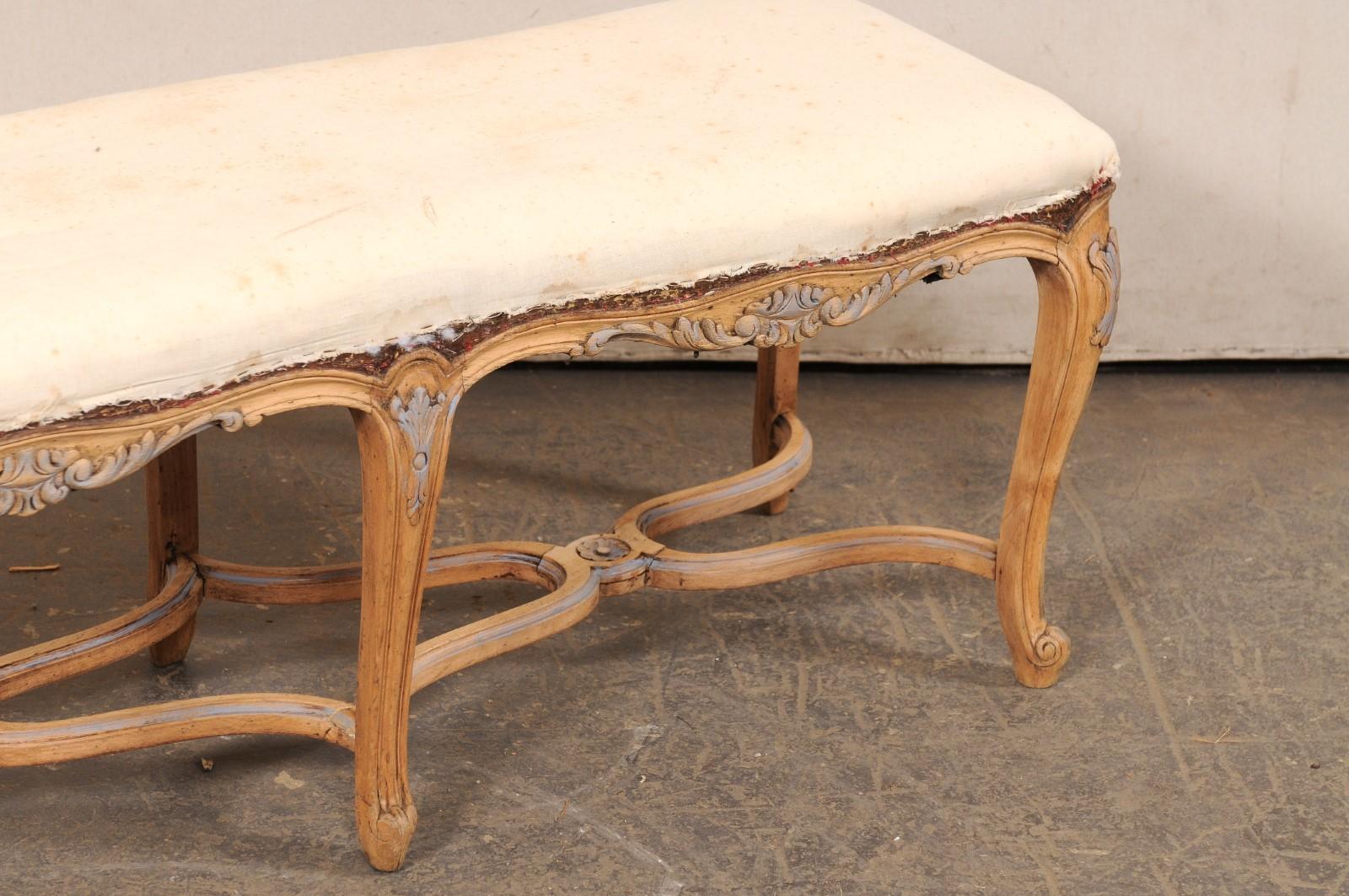 20th Century French 4 Ft Long Wood Bench w/Upholstered Seat, All Sides Nicely Carved For Sale
