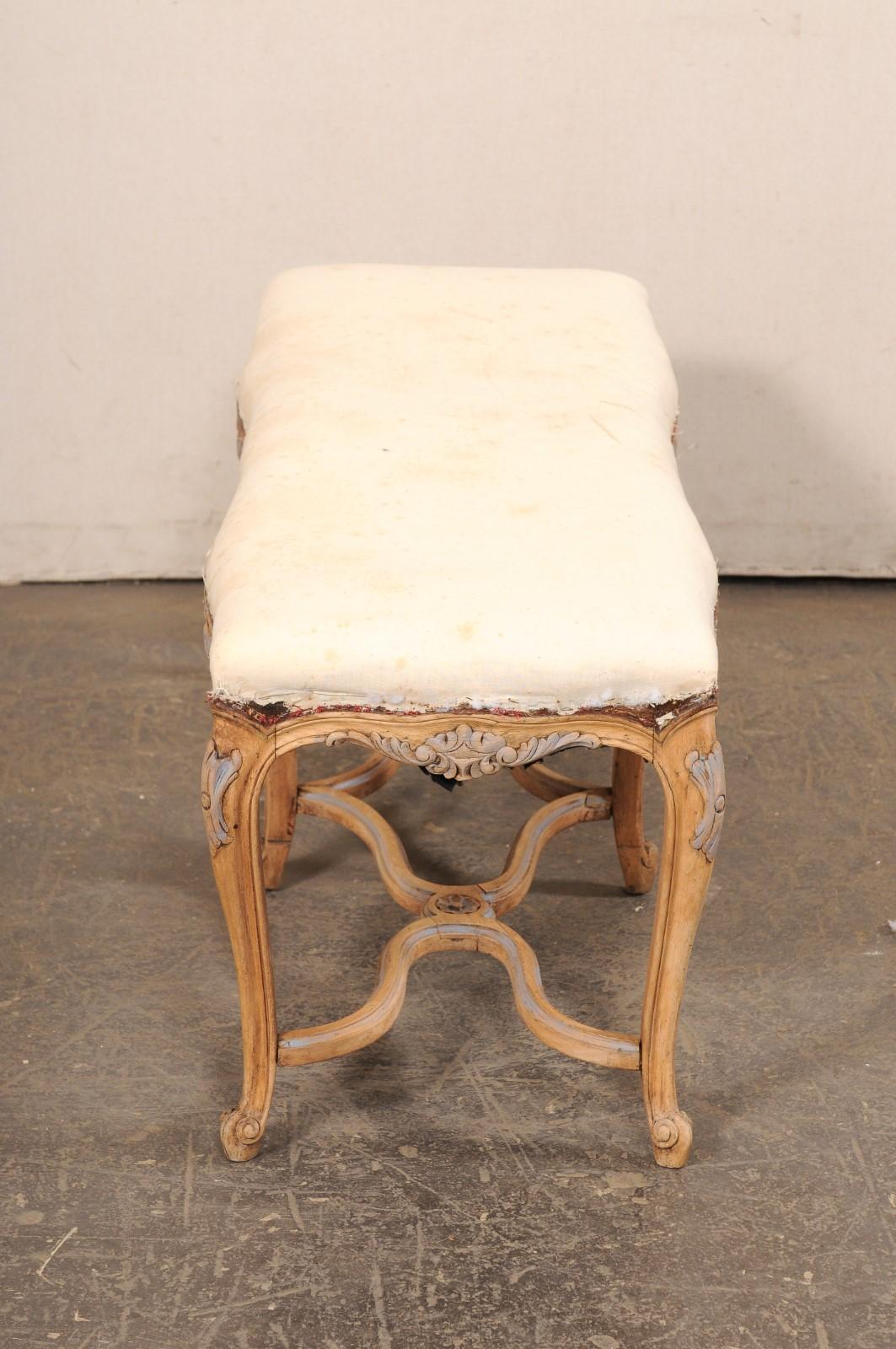 French 4 Ft Long Wood Bench w/Upholstered Seat, All Sides Nicely Carved For Sale 2