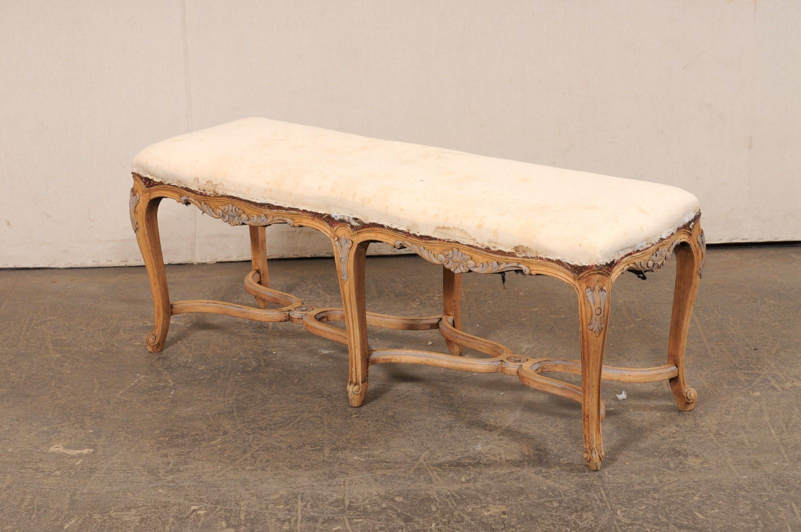French 4 Ft Long Wood Bench w/Upholstered Seat, All Sides Nicely Carved For Sale 3