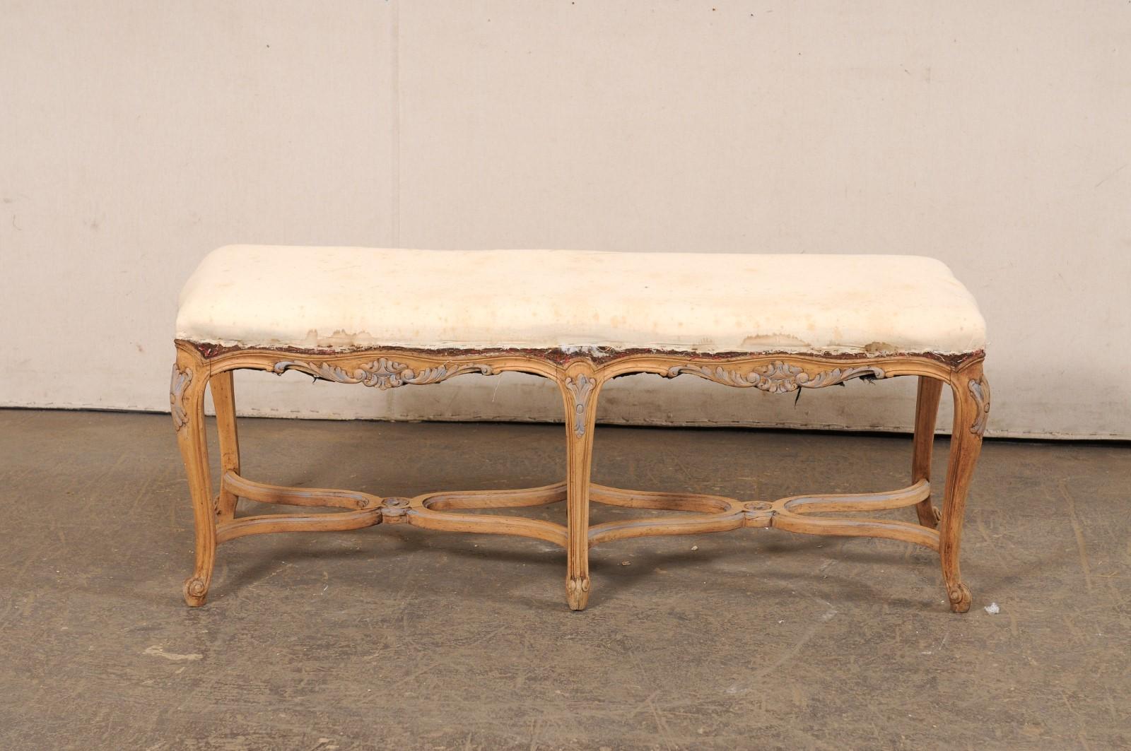 French 4 Ft Long Wood Bench w/Upholstered Seat, All Sides Nicely Carved For Sale 4