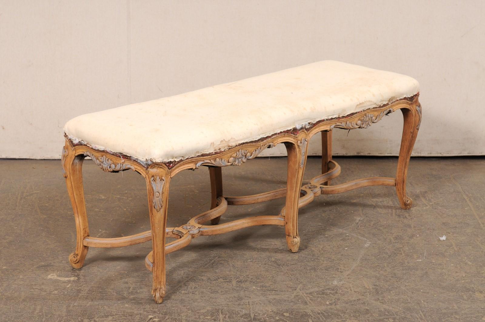 French 4 Ft Long Wood Bench w/Upholstered Seat, All Sides Nicely Carved For Sale 5
