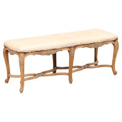 French 4 Ft Long Wood Bench w/Upholstered Seat, All Sides Nicely Carved