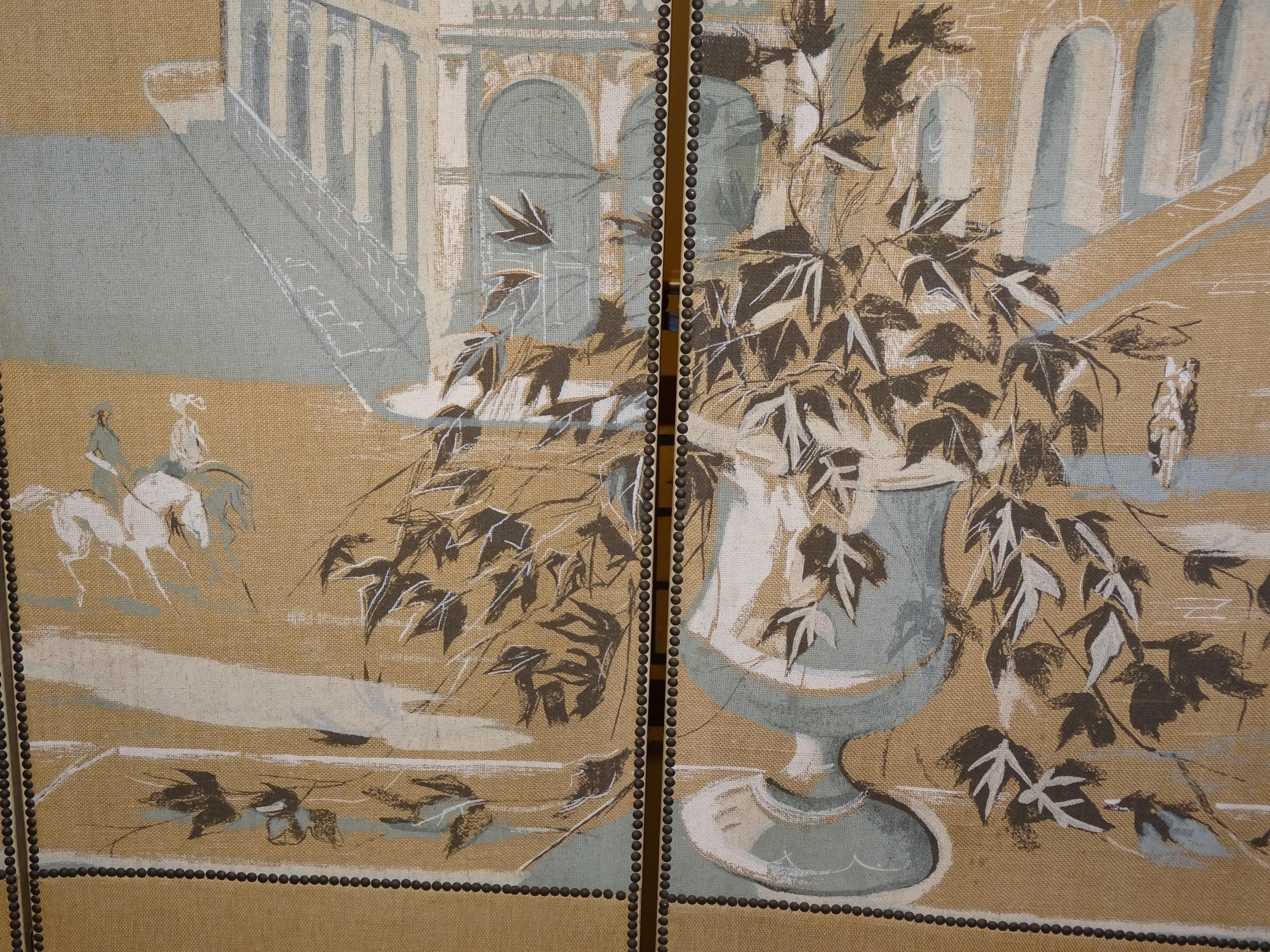 French 4-Leaf Grey and Beige Screen Hand Painted in Grisaille and Leather, 1940s 3