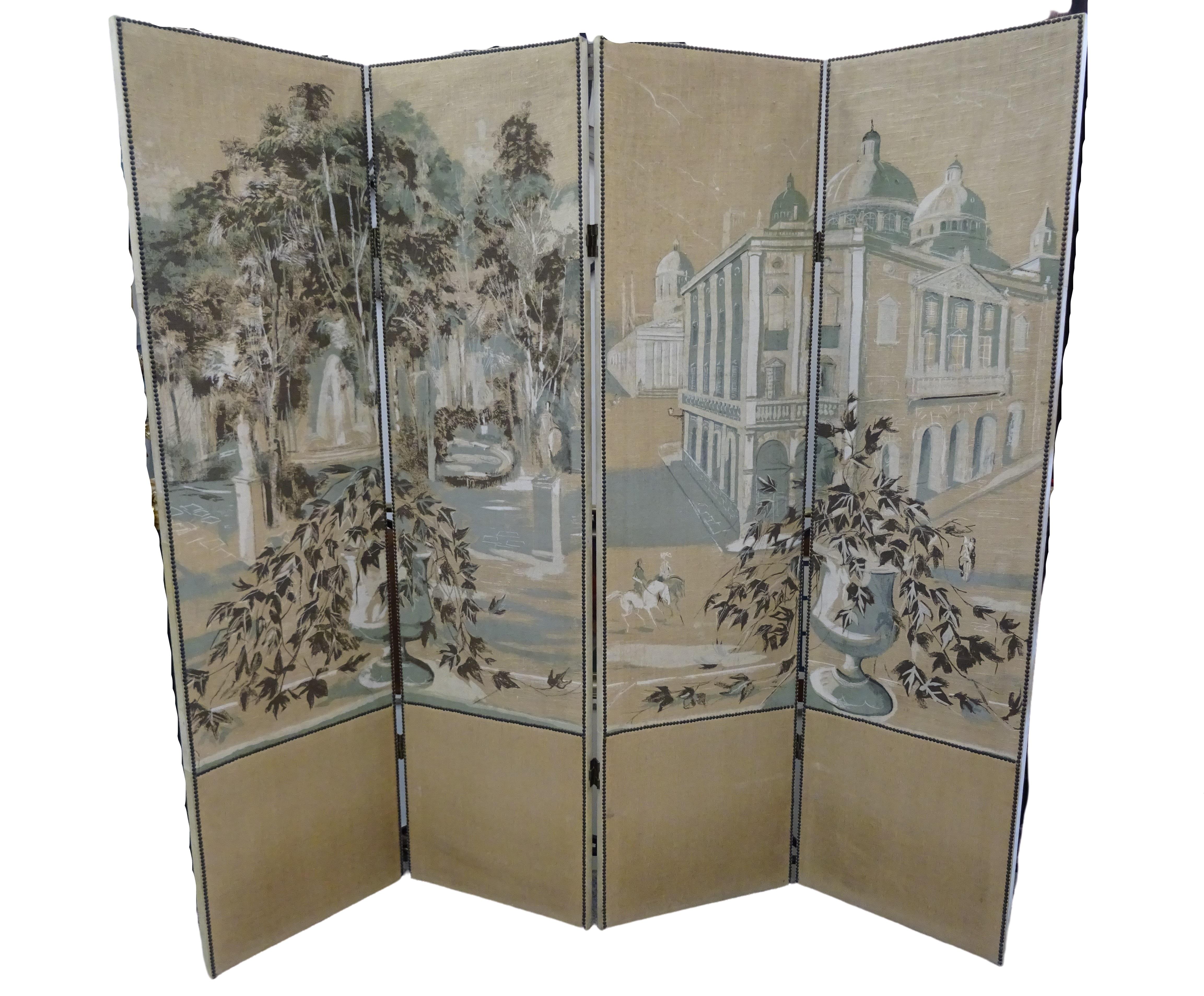 One of a kind French 4-leaf hand painted in grisaille screen. A palace garden is hand painted in grisaille technique that’s mean using several shades of a single color, beautiful painting on linen!!! All of it with iron studs the bottom and reverse
