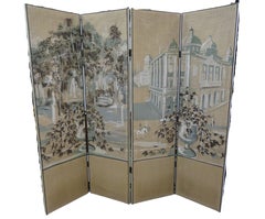 French 4-Leaf Grey and Beige Screen Hand Painted in Grisaille and Leather, 1940s