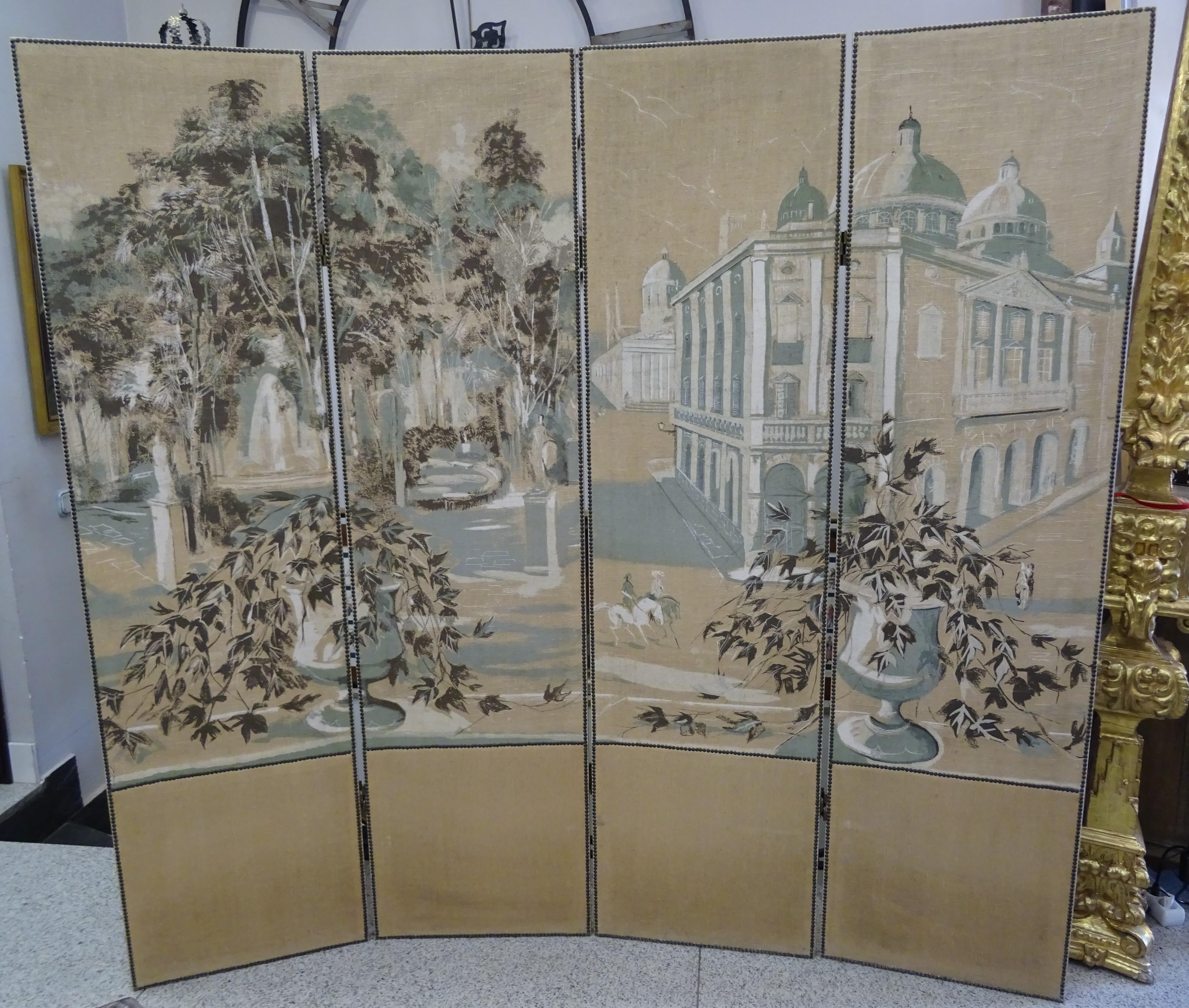 French 4-Leaf Grey and Beige Screen Hand Painted in Grisaille and Leather, 1940s 13