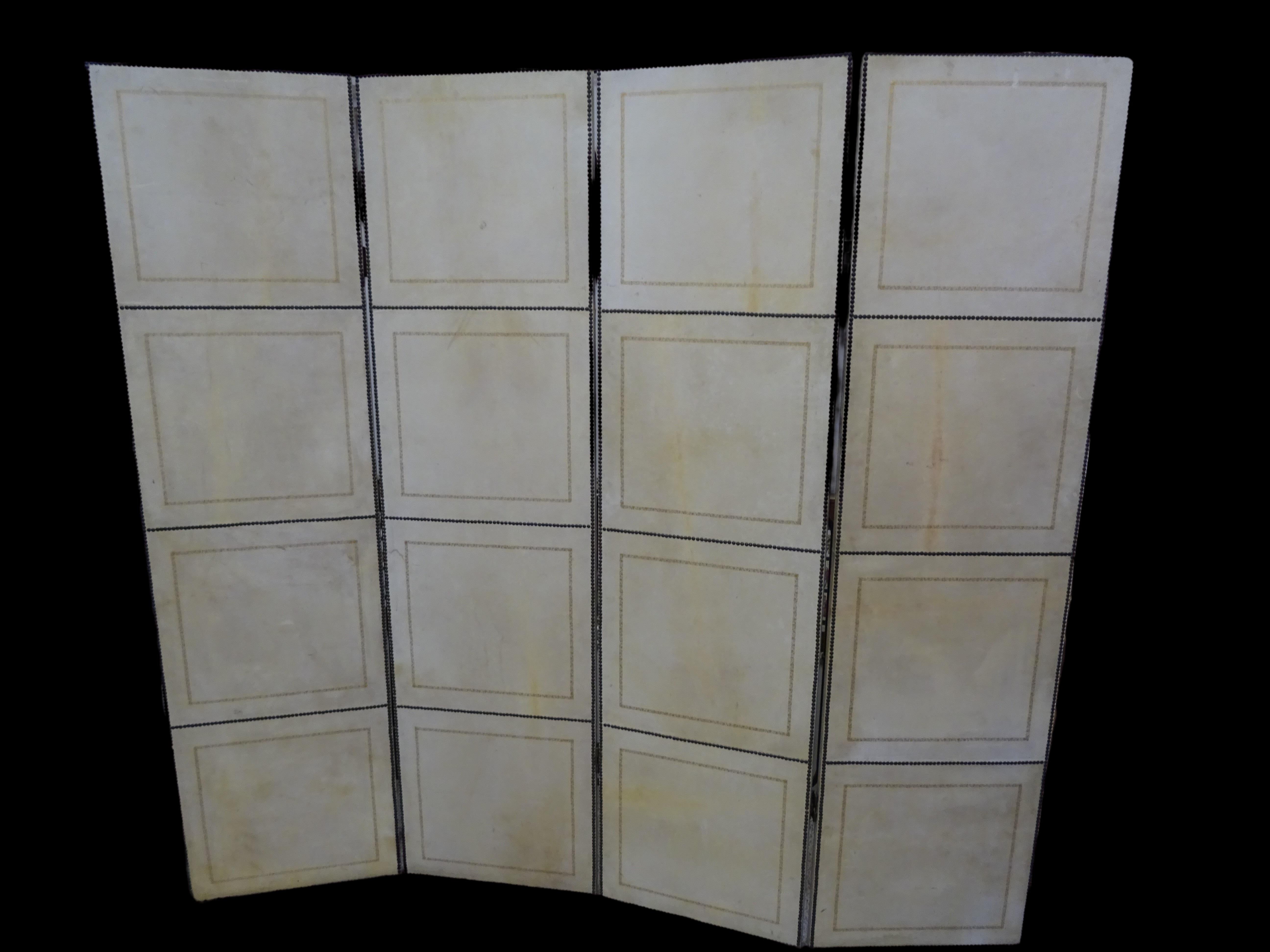 Arts and Crafts French 4-Leaf Grey and Beige Screen Hand Painted in Grisaille and Leather, 1940s