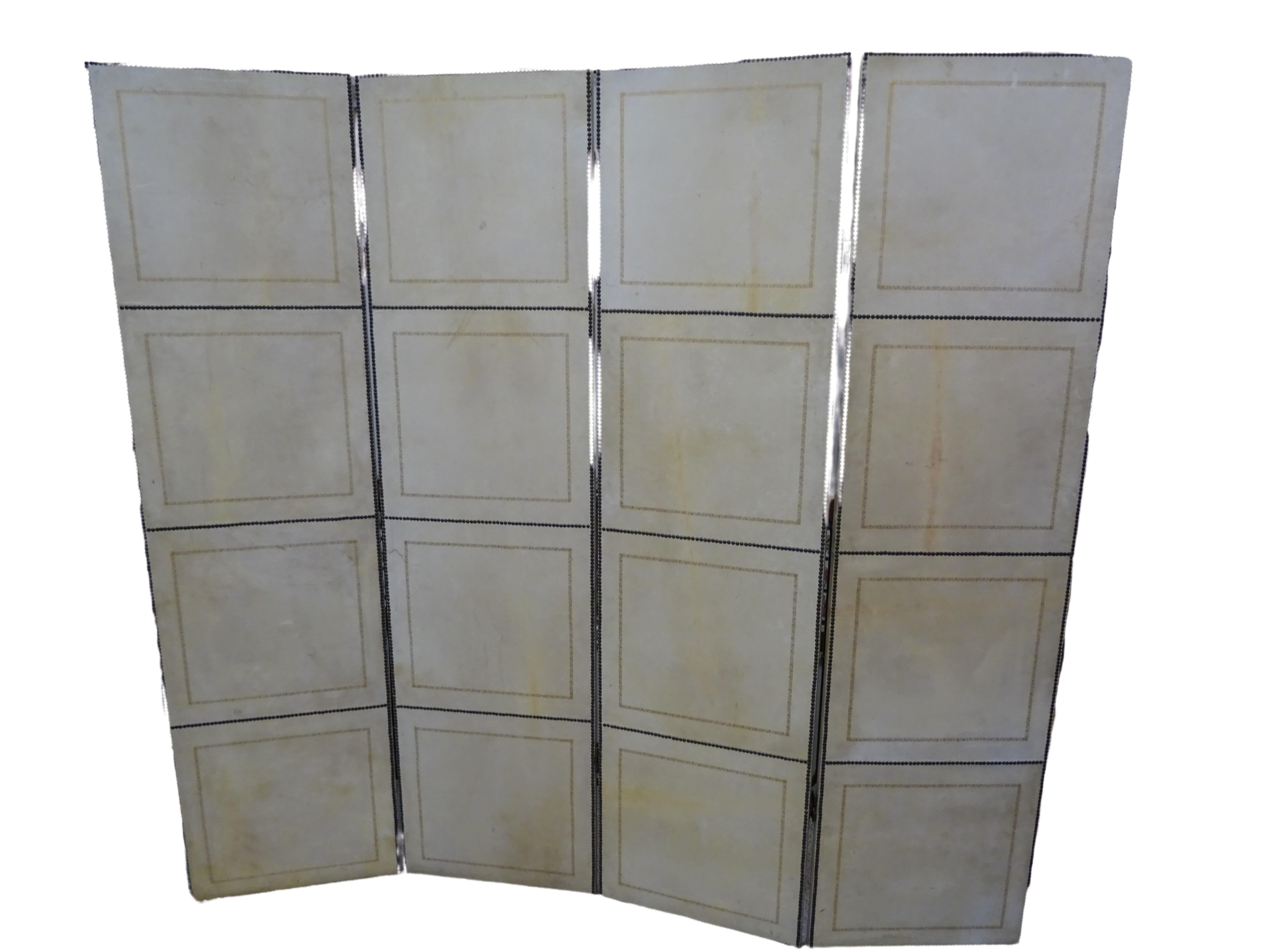 Hand-Painted French 4-Leaf Grey and Beige Screen Hand Painted in Grisaille and Leather, 1940s