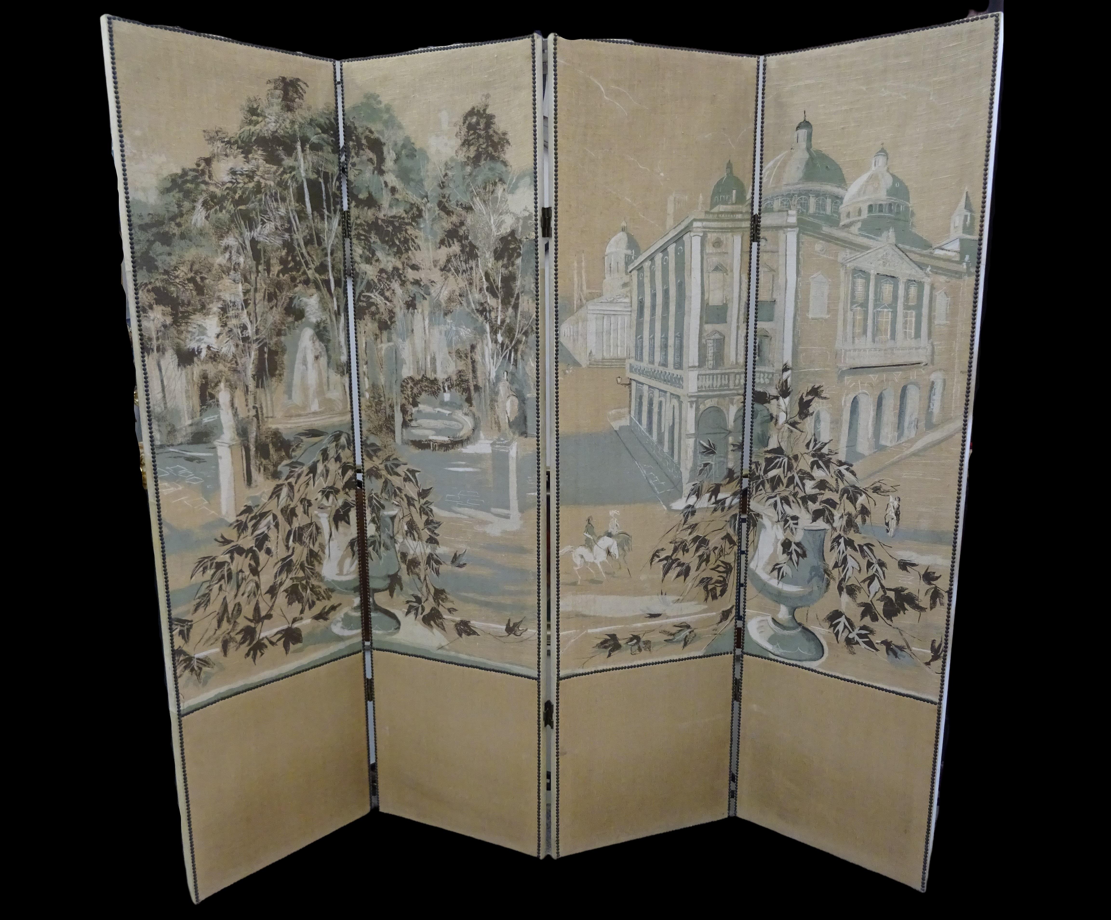 French 4-Leaf Grey and Beige Screen Hand Painted in Grisaille and Leather, 1940s In Good Condition In Valladolid, ES