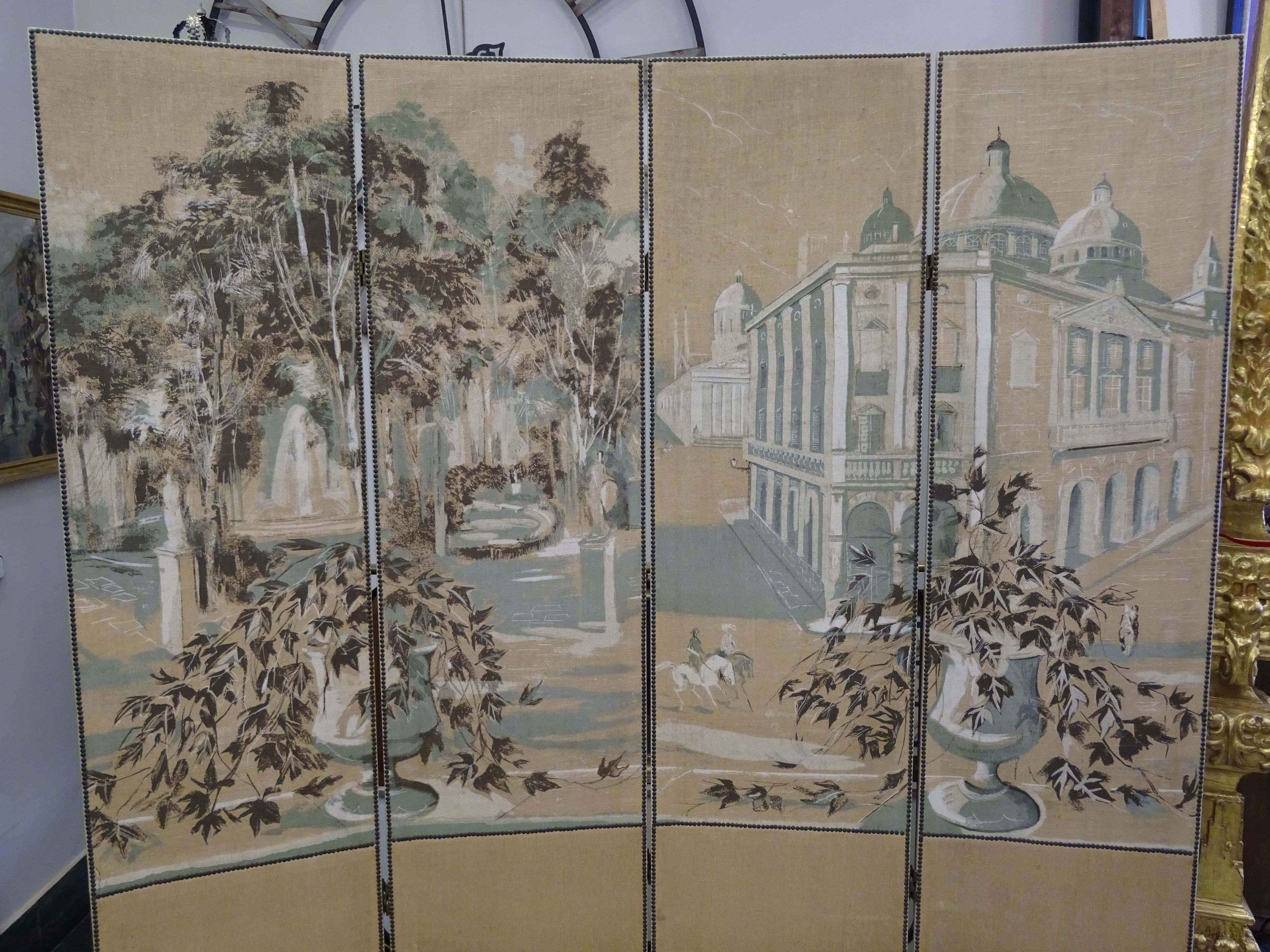 Mid-20th Century French 4-Leaf Grey and Beige Screen Hand Painted in Grisaille and Leather, 1940s