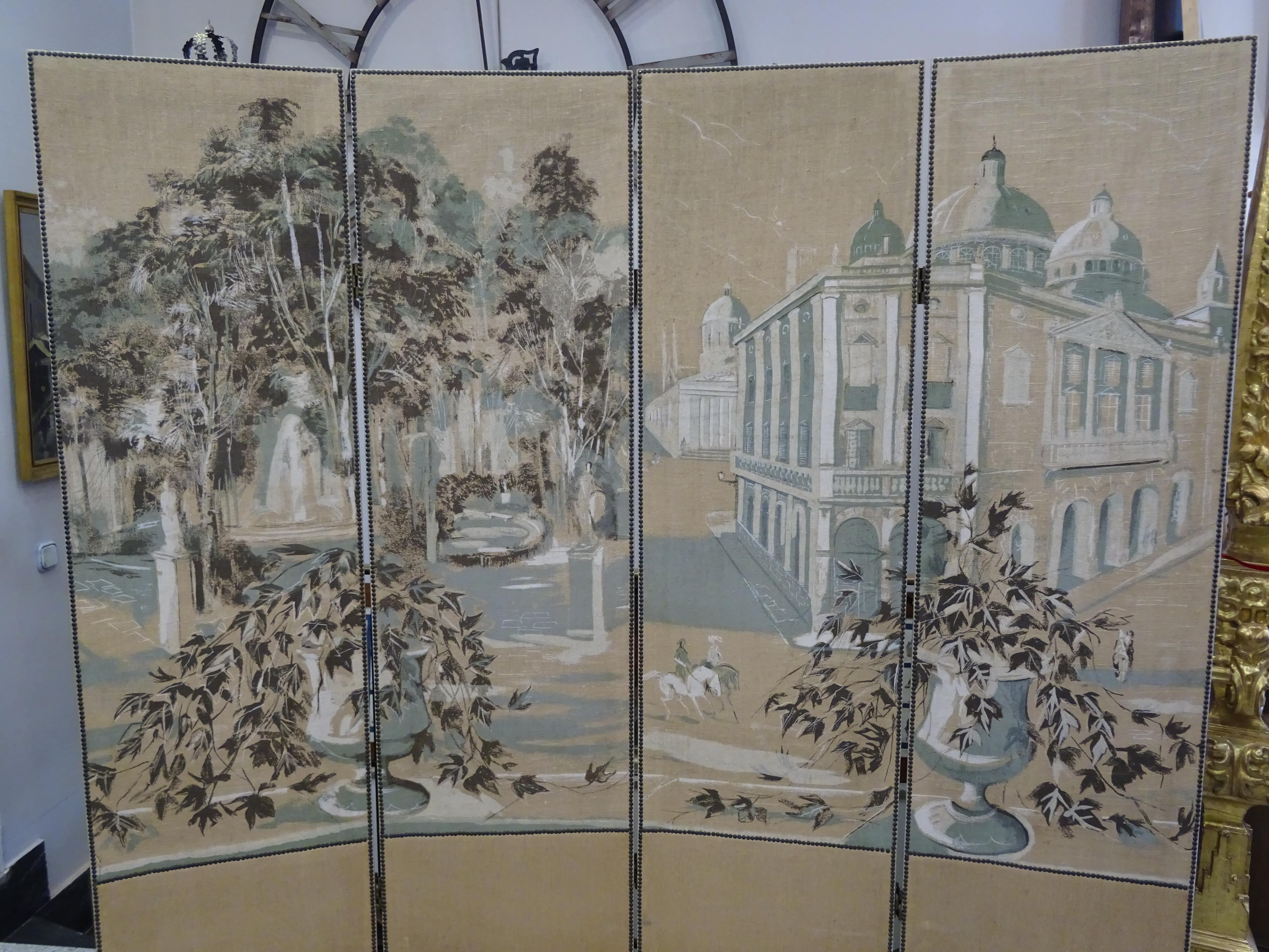 Other French 4-Leaf Grey and Beige Screen Hand Painted in Grisaille and Leather, 1940s
