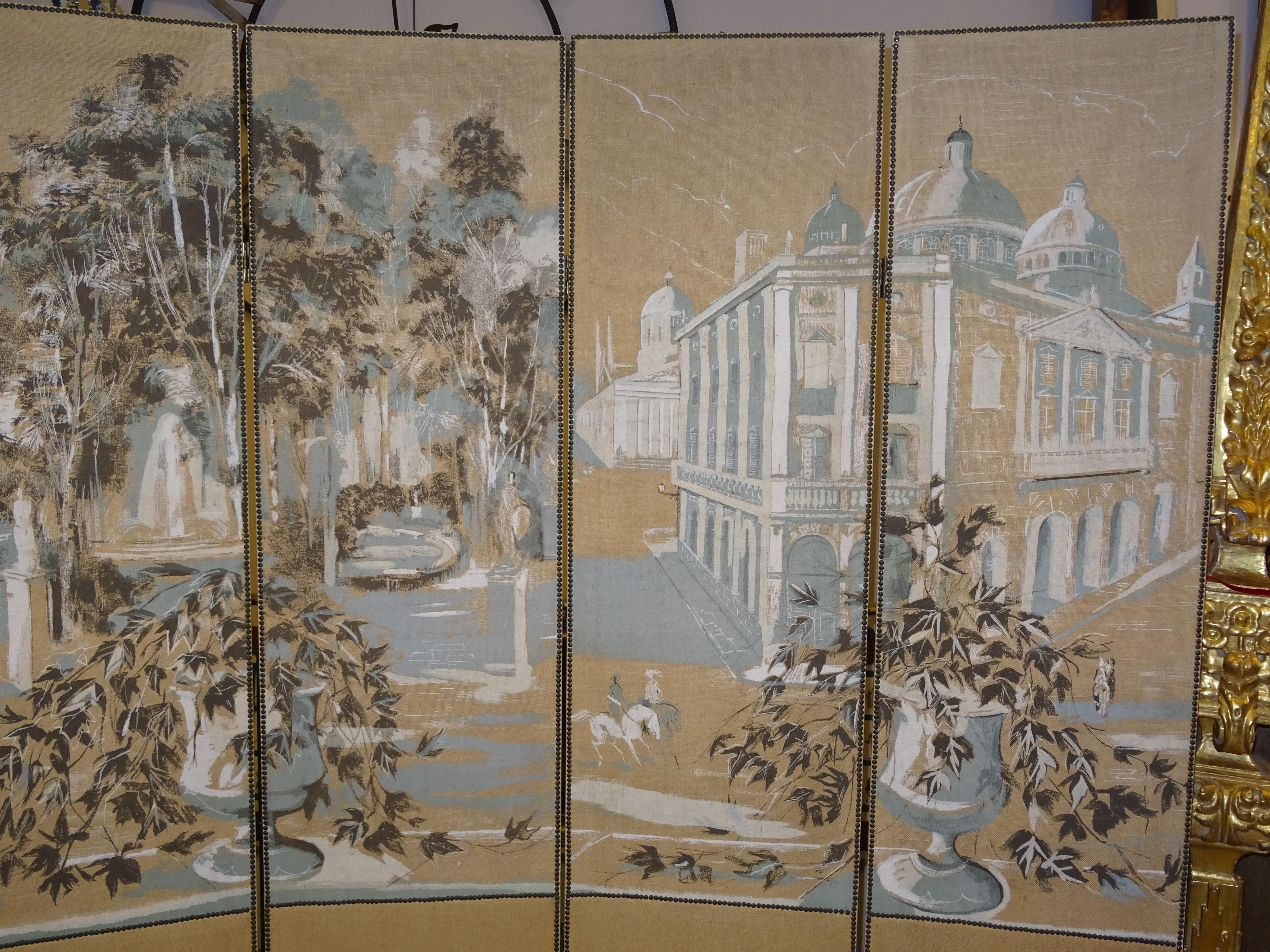 French 4-Leaf Grey and Beige Screen Hand Painted in Grisaille and Leather, 1940s 1