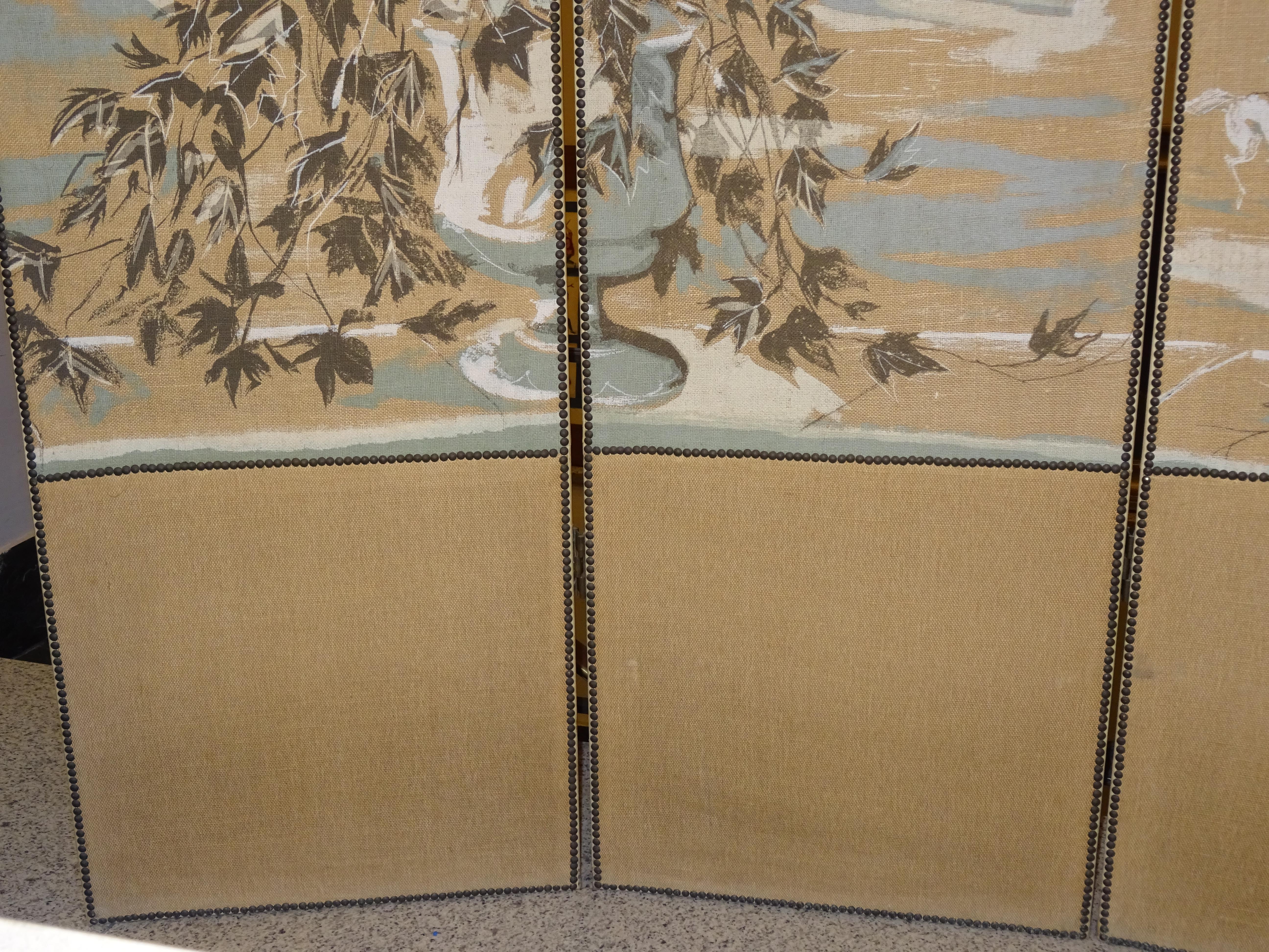 French 4-Leaf Grey and Beige Screen Hand Painted in Grisaille and Leather, 1940s 2