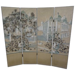 French 4-Leaf Grey and Beige Screen Hand Painted in Grisaille and Leather, 1940s