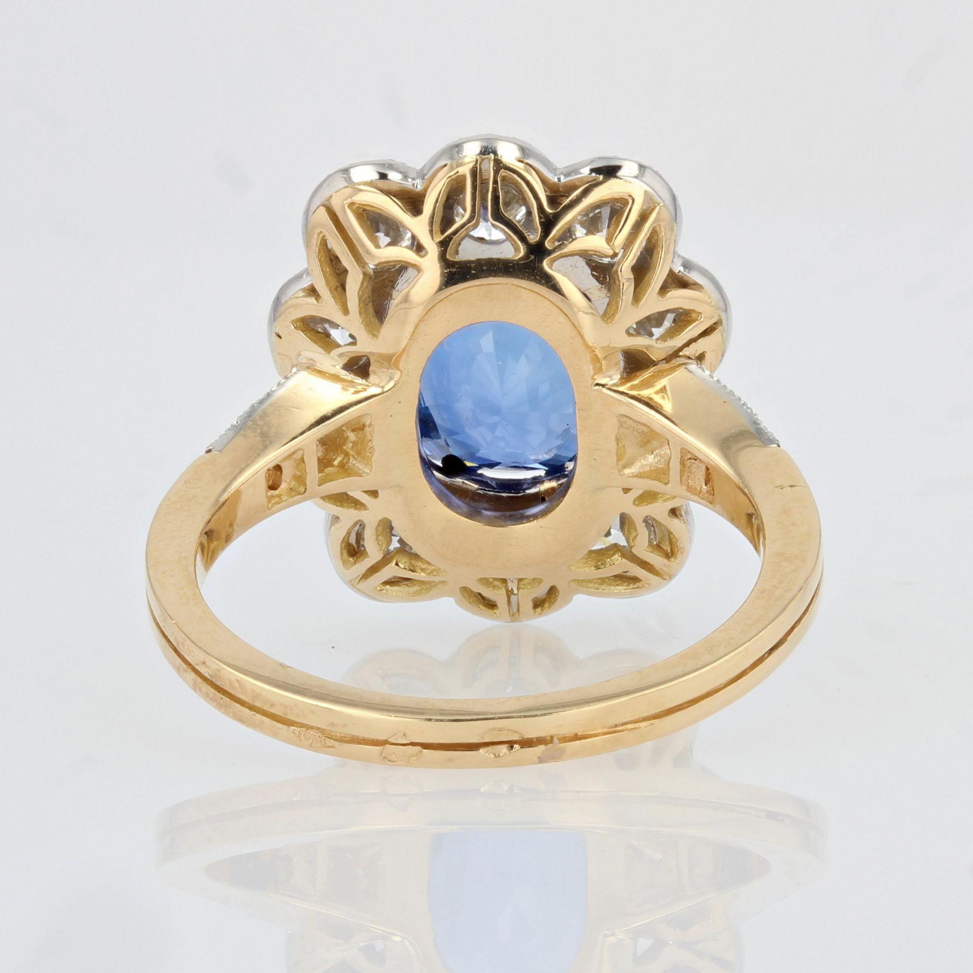 French 4.04 Carat Sapphire Diamonds 18 Karat Yellow Gold Platinum Pompadour Ring For Sale 1