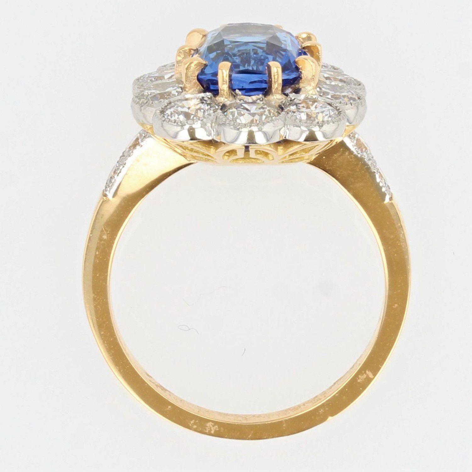 French 4.04 Carat Sapphire Diamonds 18 Karat Yellow Gold Platinum Pompadour Ring For Sale 2