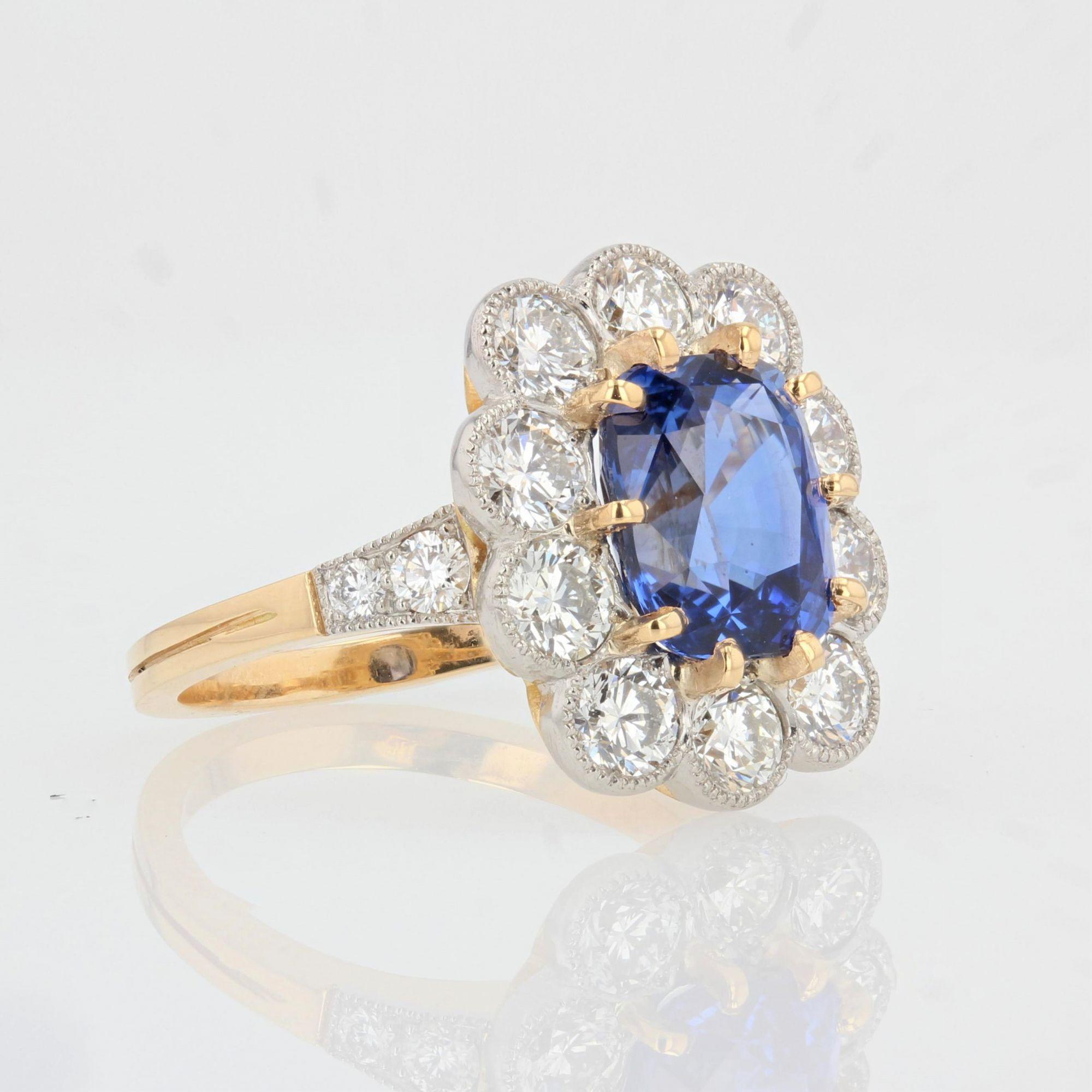 French 4.04 Carat Sapphire Diamonds 18 Karat Yellow Gold Platinum Pompadour Ring In New Condition For Sale In Poitiers, FR