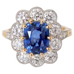 French 4.04 Carat Sapphire Diamonds 18 Karat Yellow Gold Platinum Pompadour Ring
