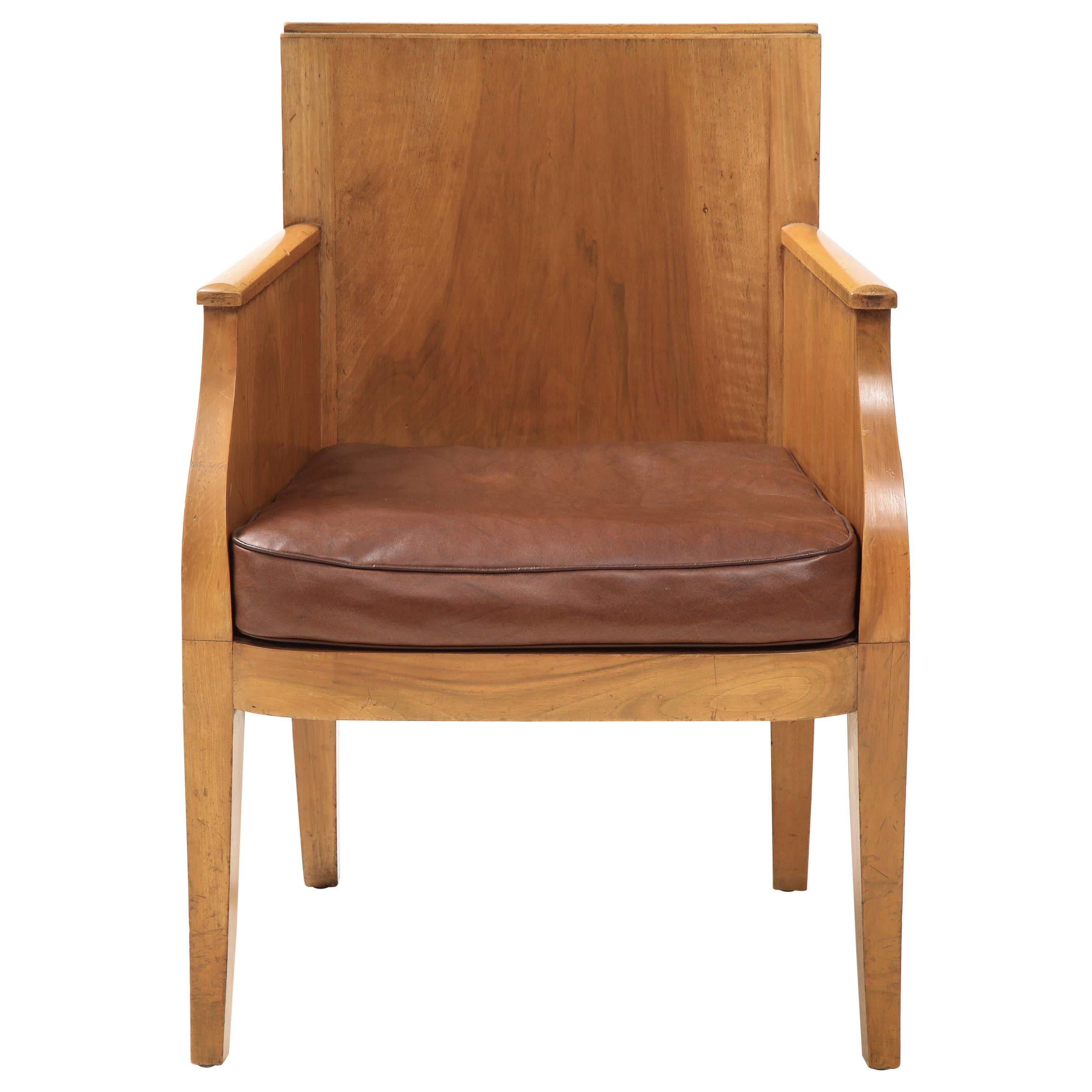 French 40’s Oak Chair with Original Brown Leather Seat, France, c. 1940