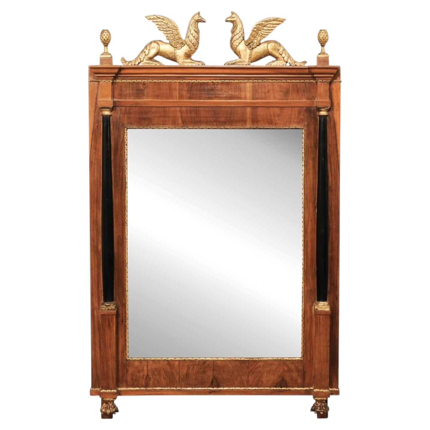 French 4.5 Ft Tall Over-Mantle Mirror, Heavily Foxed & Adorn with w/Griffins For Sale