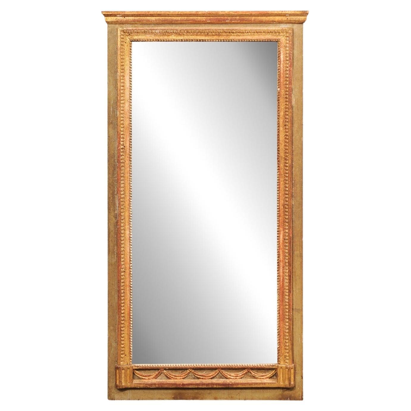 French 4.75 Ft Tall Mirror w/Original Glass & Neoclassic Trim Accents, 19th C. For Sale