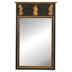 Antique French 4.75 ft Tall Trumeau Mirror in Black w/Bronze/Gold Accents, Early 20th C.