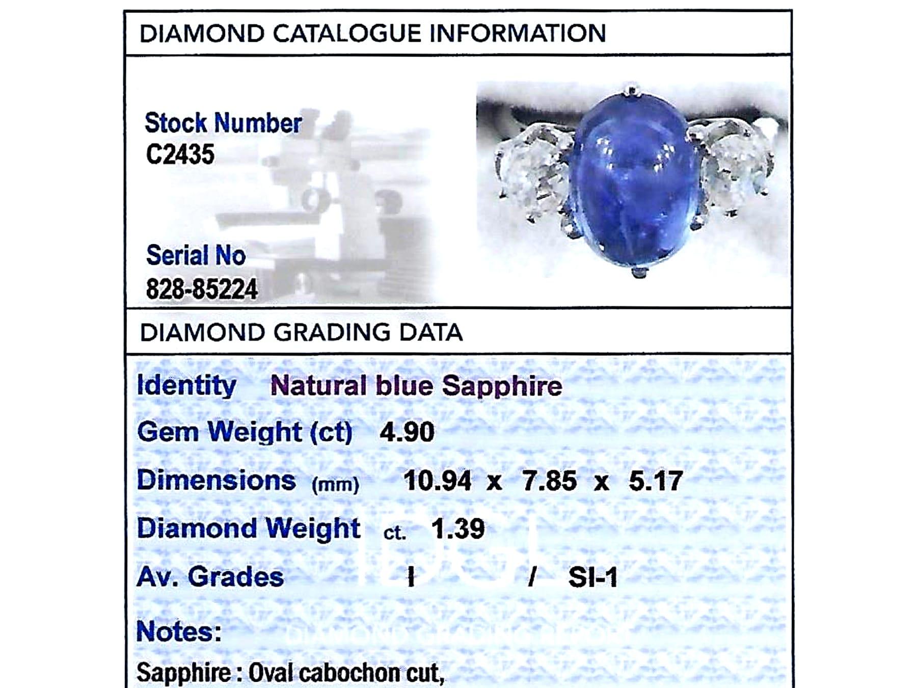 French 4.90 Carat Burmese Sapphire 1.39ct Diamond Platinum Engagement Ring For Sale 4