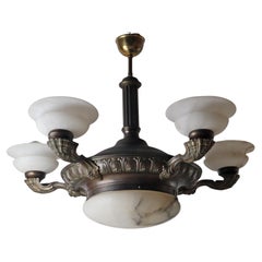 French 5-Armed Alabaster Art Deco Chandelier